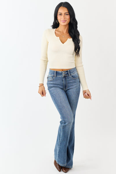 Cream V Notch Rib Knit Fitted Cropped Sweater Top