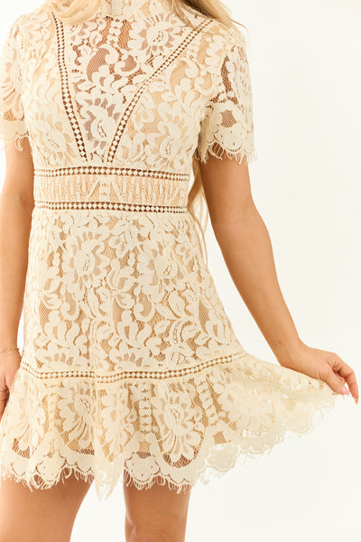 Cream Venise Lace Overlay Mock Neck Mini Dress