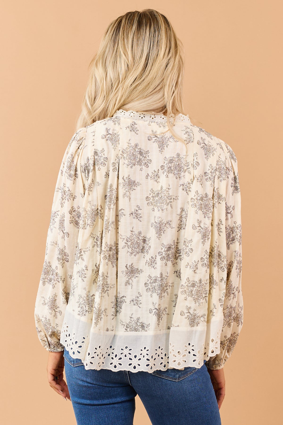 Cream Vintage Floral Cotton Flowy Lace Trim Blouse