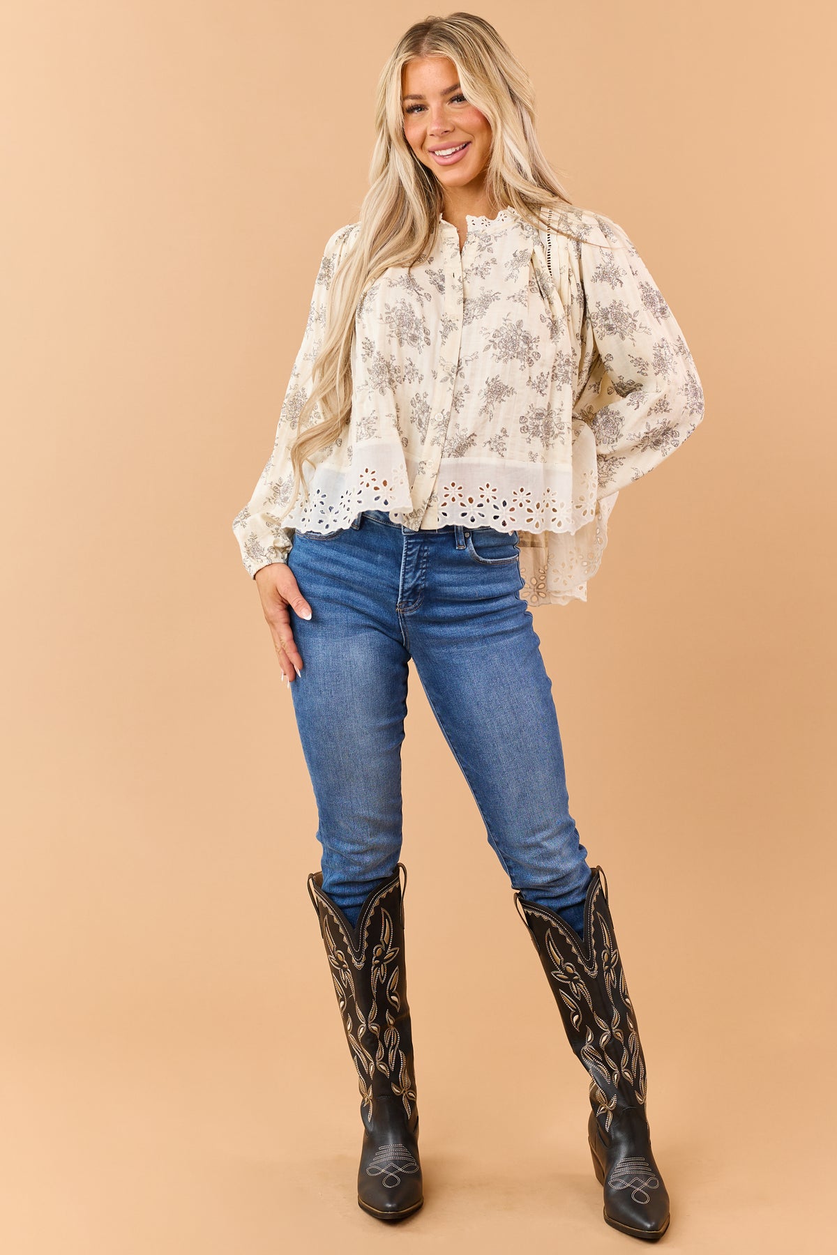 Cream Vintage Floral Cotton Flowy Lace Trim Blouse