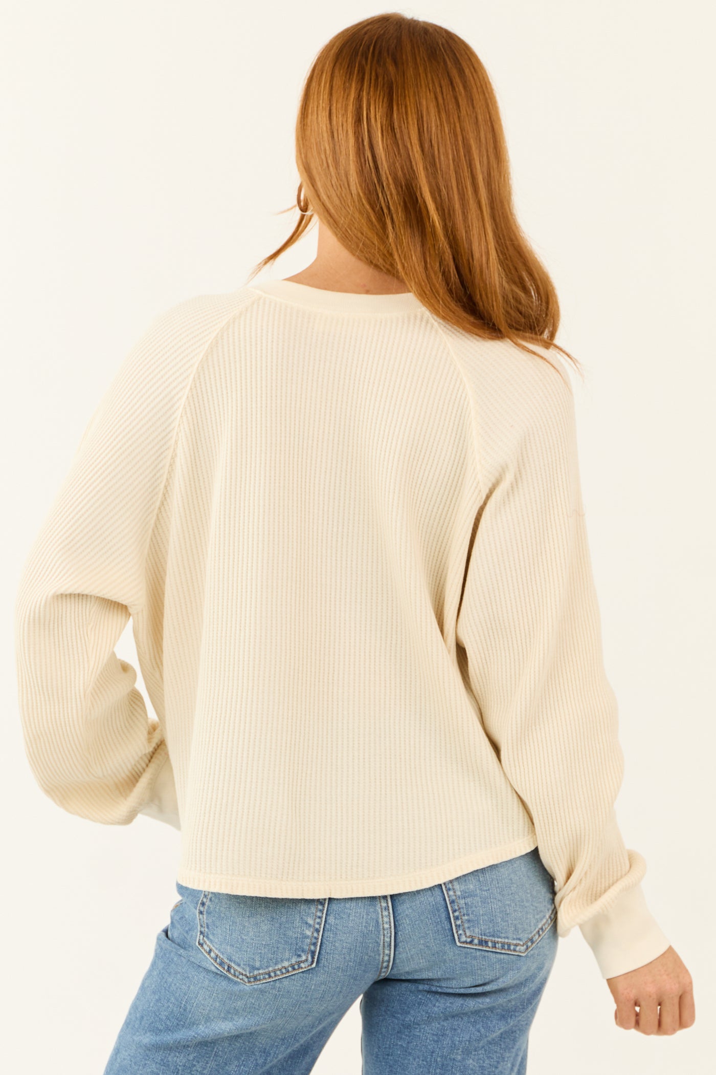 Cream Waffle Knit Half Button Long Sleeve Top