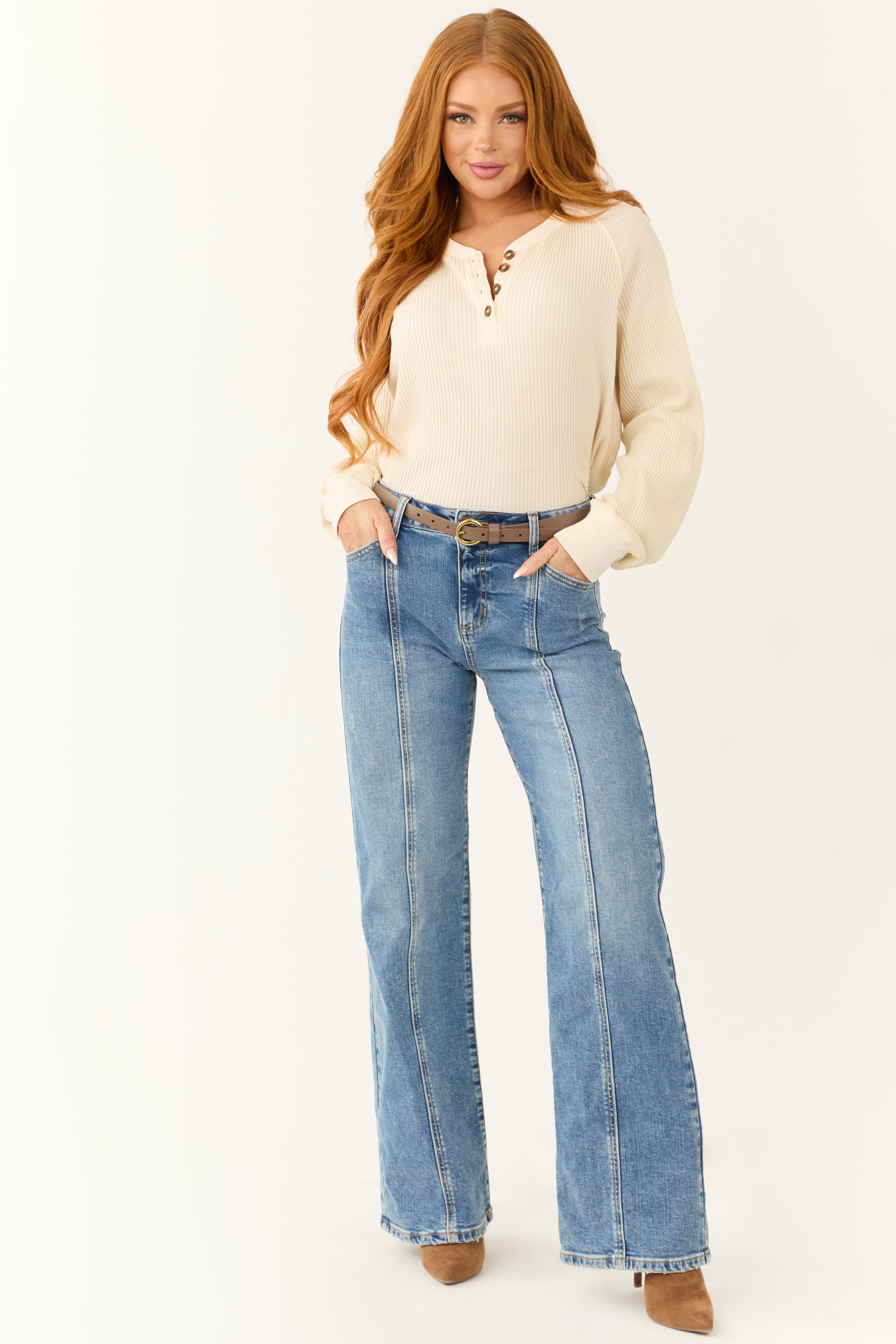 Cream Waffle Knit Half Button Long Sleeve Top