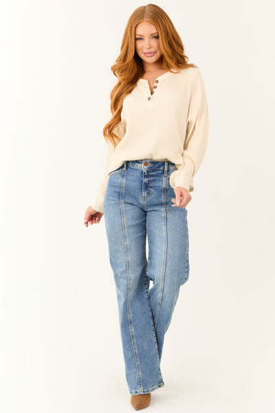 Cream Waffle Knit Half Button Long Sleeve Top