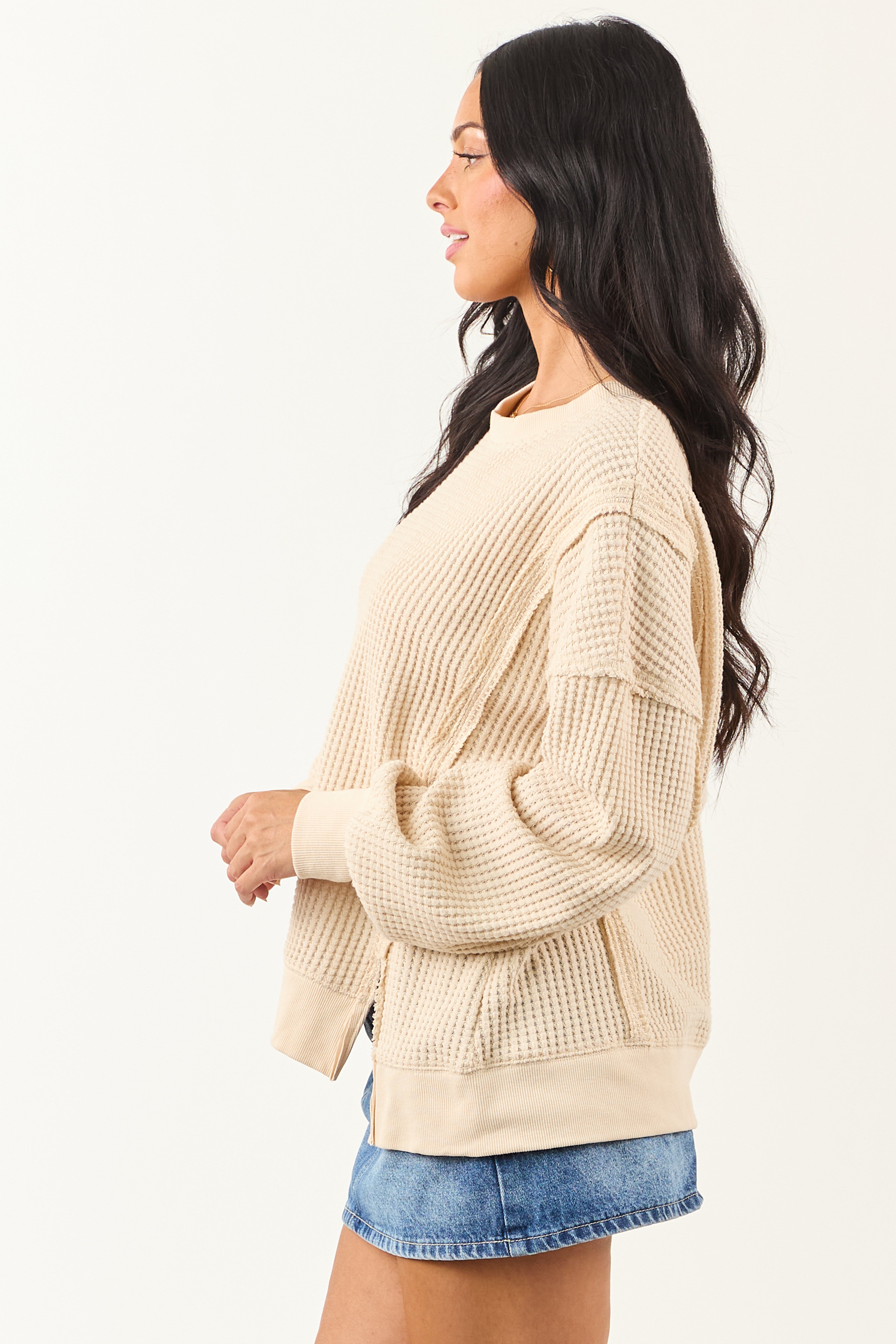 Cream Waffle Knit Relaxed Long Sleeve Top | Lime Lush Boutique