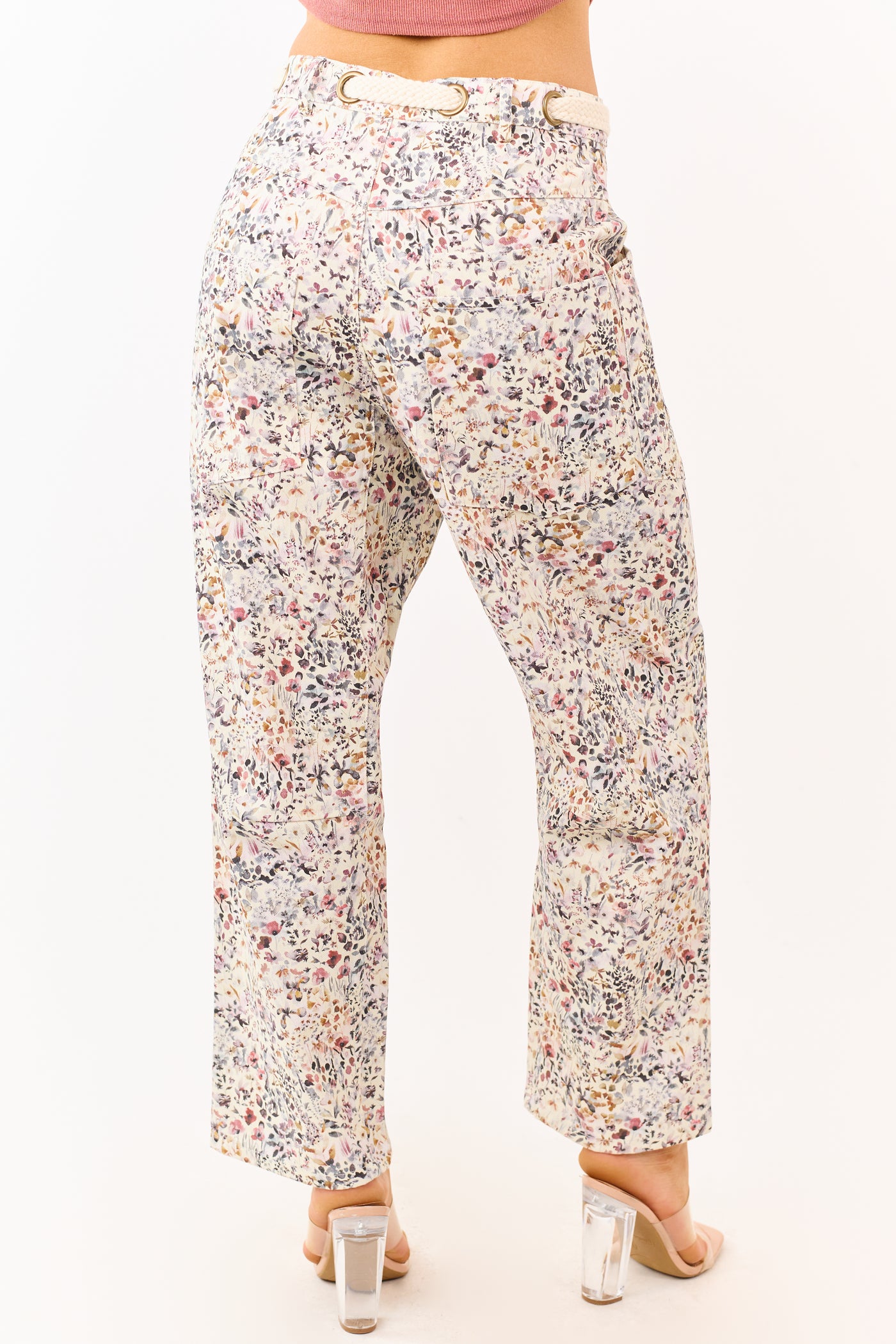 Cream Wildflower Waist Tie Barrel Leg Denim Pants