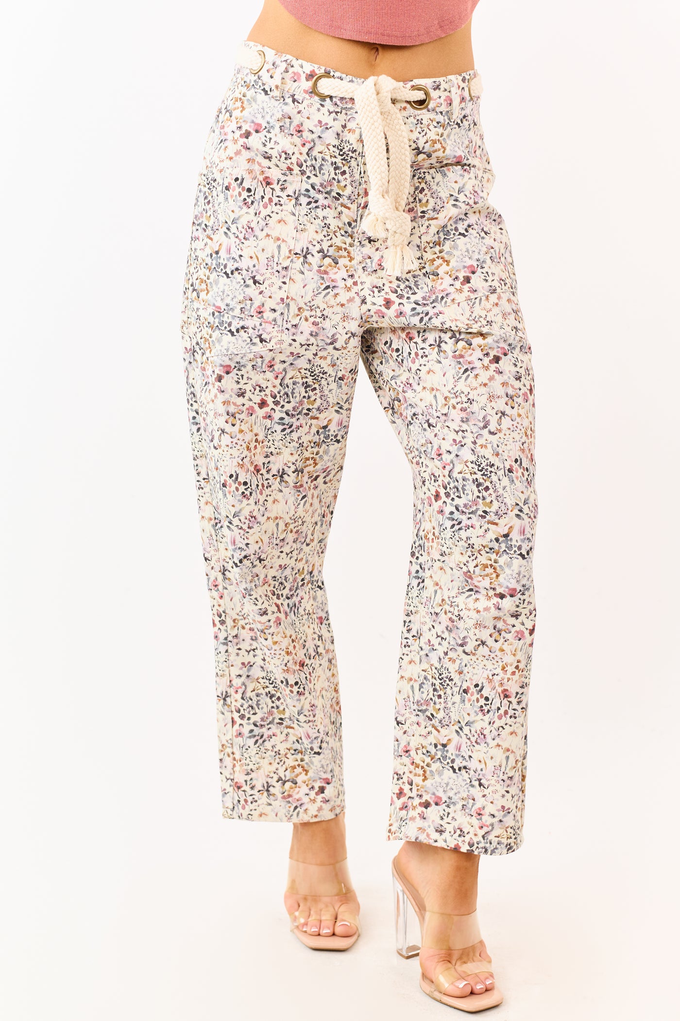 Cream Wildflower Waist Tie Barrel Leg Denim Pants