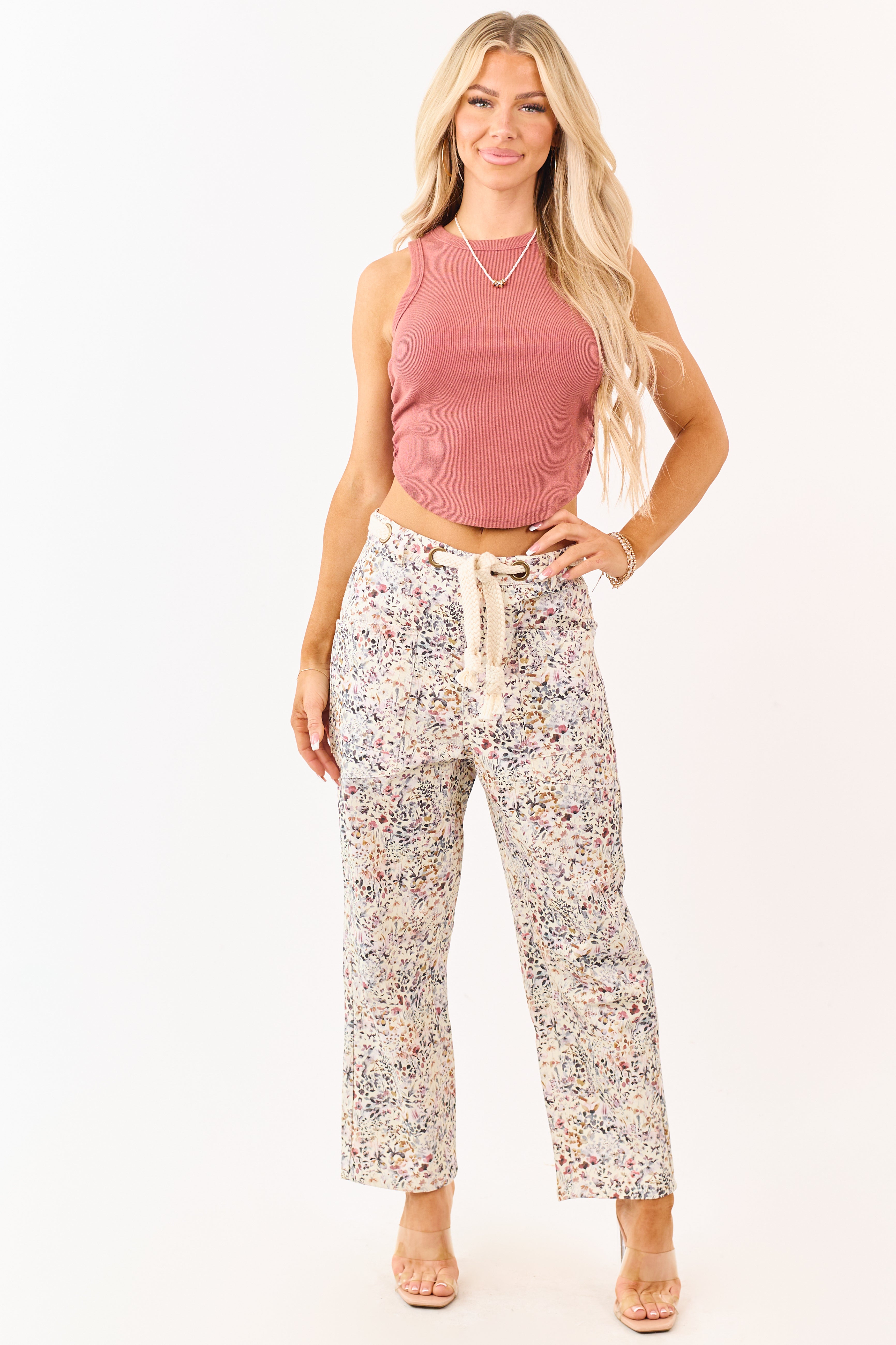 Cream Wildflower Waist Tie Barrel Leg Denim Pants