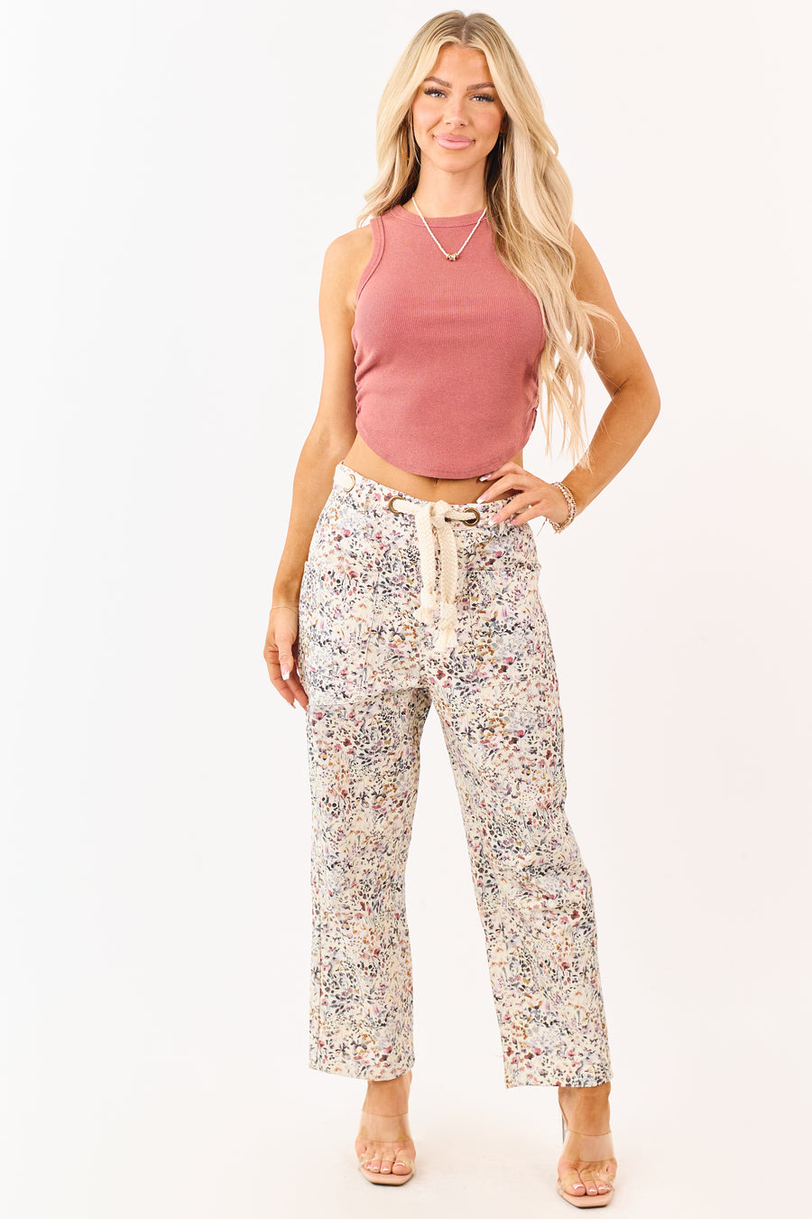 Cream Wildflower Waist Tie Barrel Leg Denim Pants