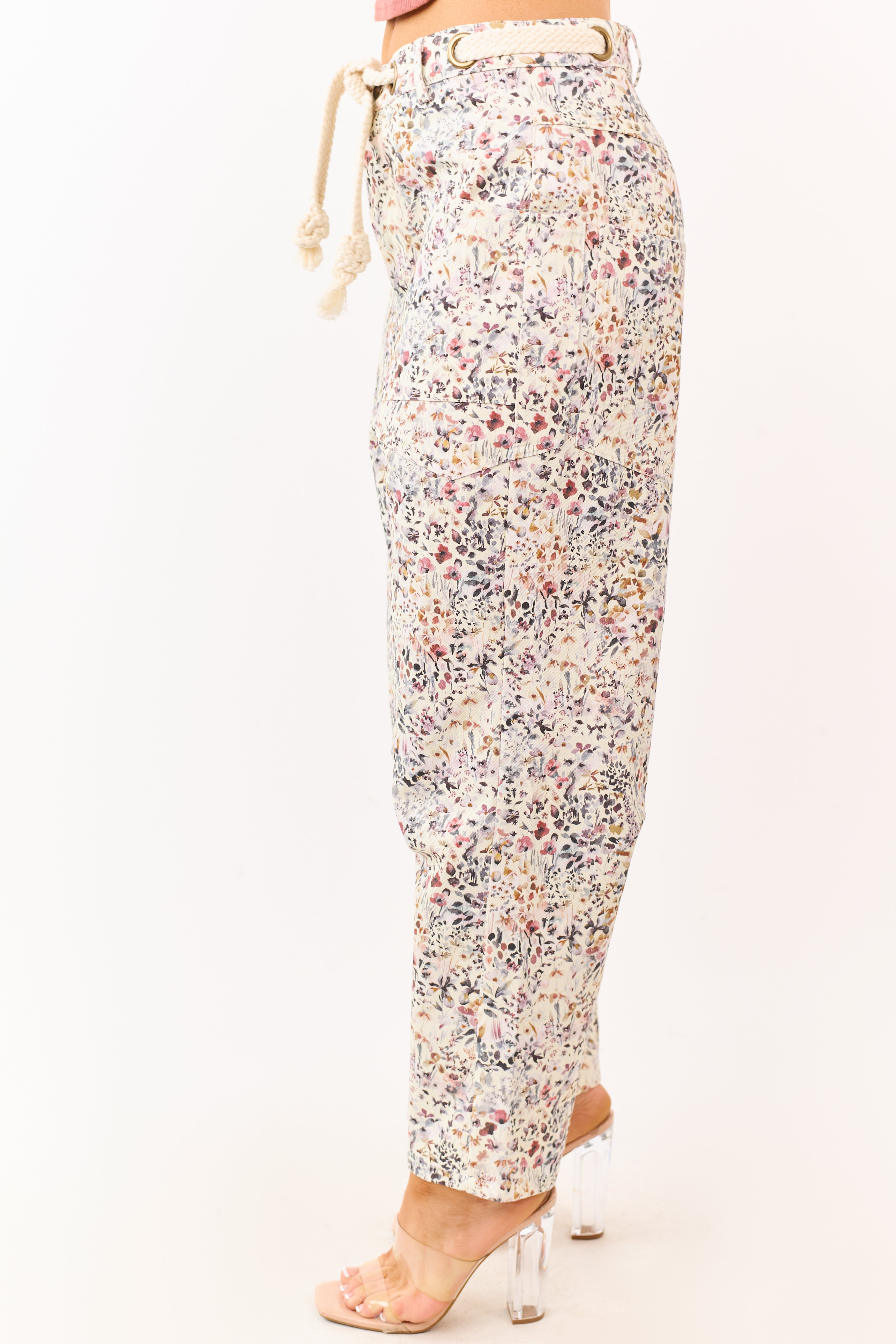 Cream Wildflower Waist Tie Barrel Leg Denim Pants