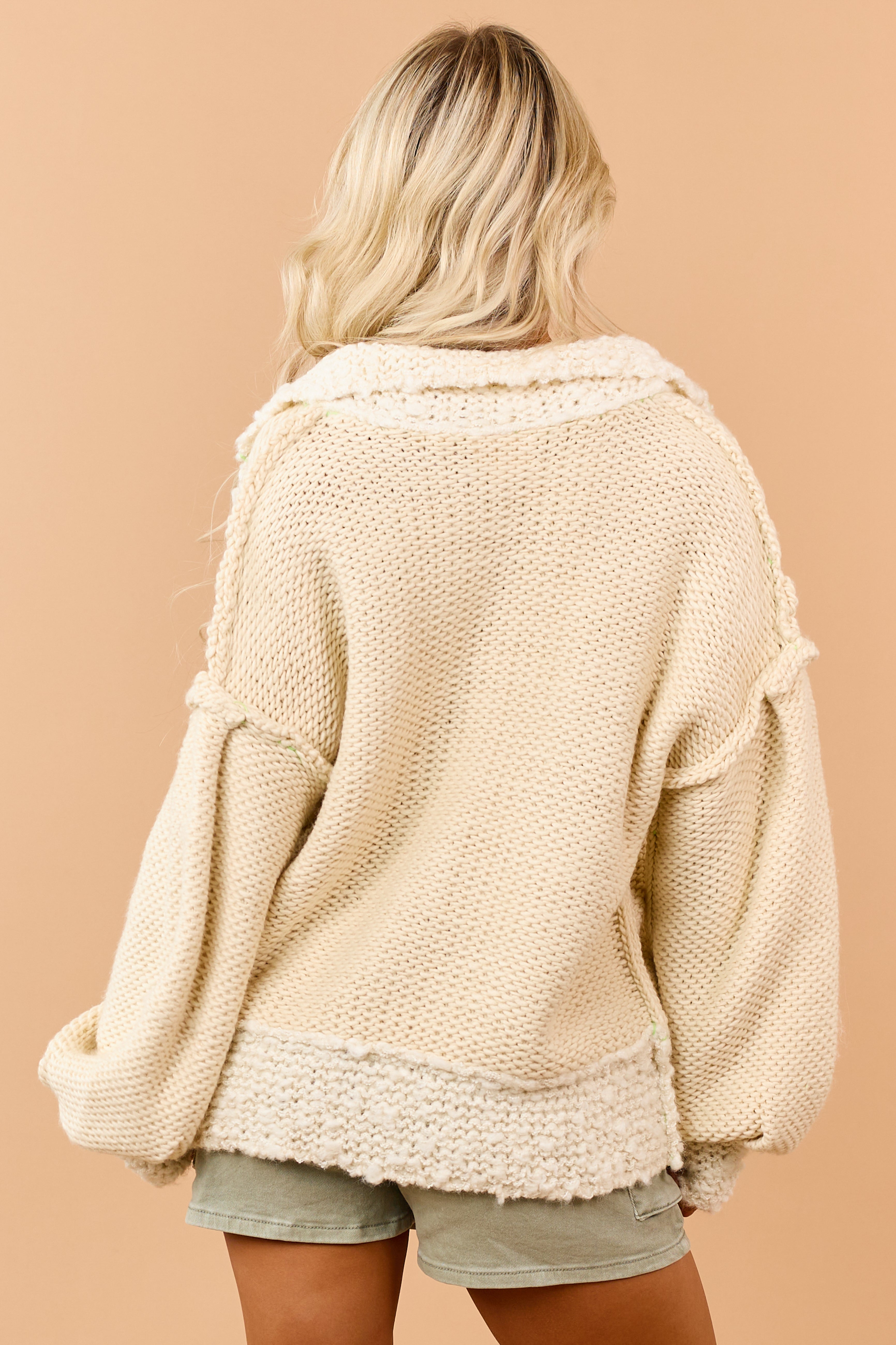Cream Wool Blend Contrast Trim Sweater Cardigan