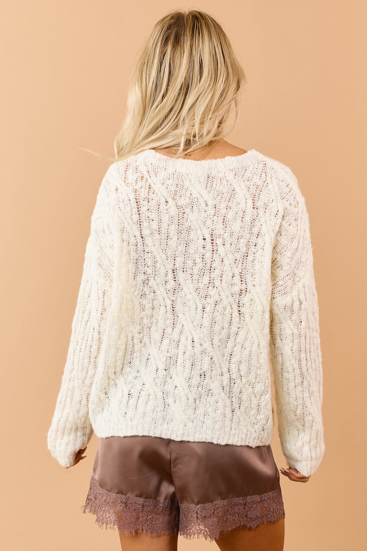 Cream Wool Blend Open Cable Knit Relaxed Sweater