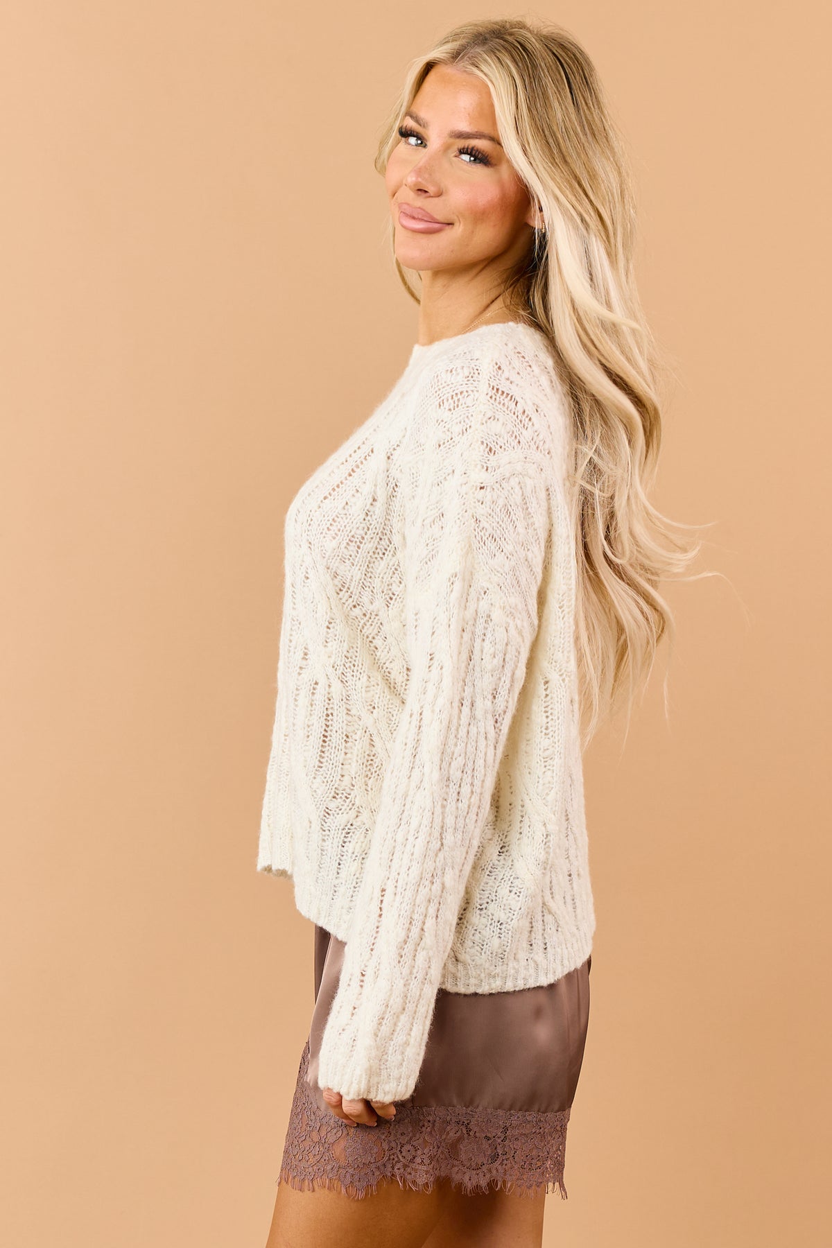 Cream Wool Blend Open Cable Knit Relaxed Sweater