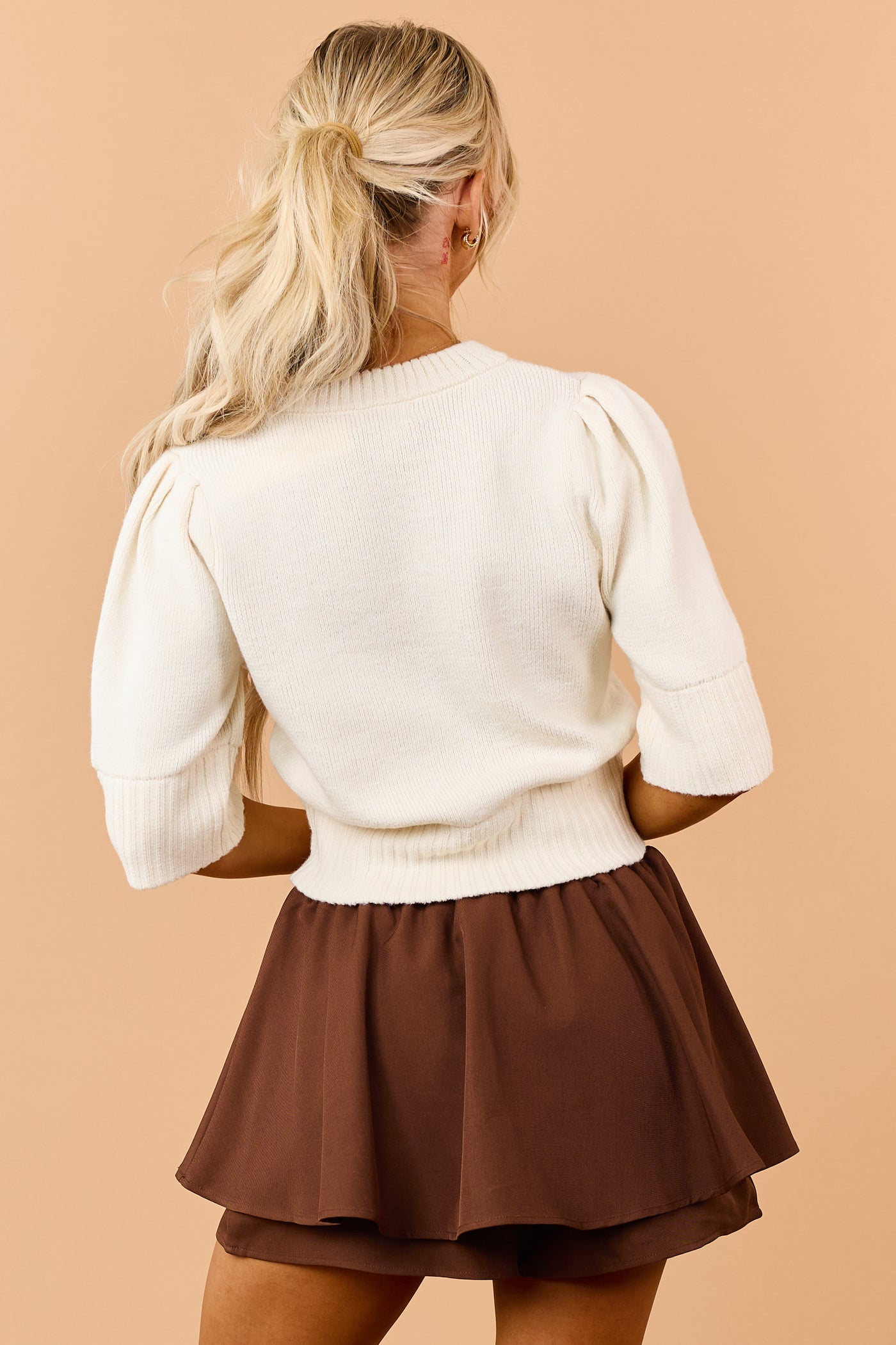 Cream Wool Blend Ribbed Trim Short Sleeve Sweater