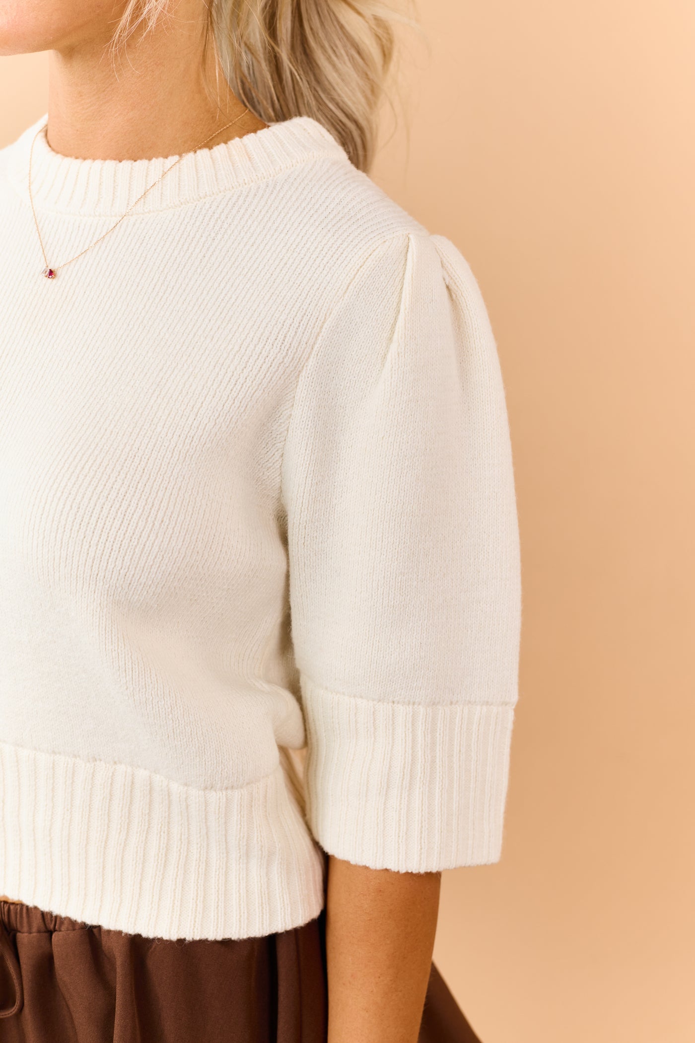 Cream Wool Blend Ribbed Trim Short Sleeve Sweater
