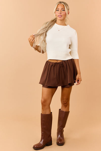 Cream Wool Blend Ribbed Trim Short Sleeve Sweater