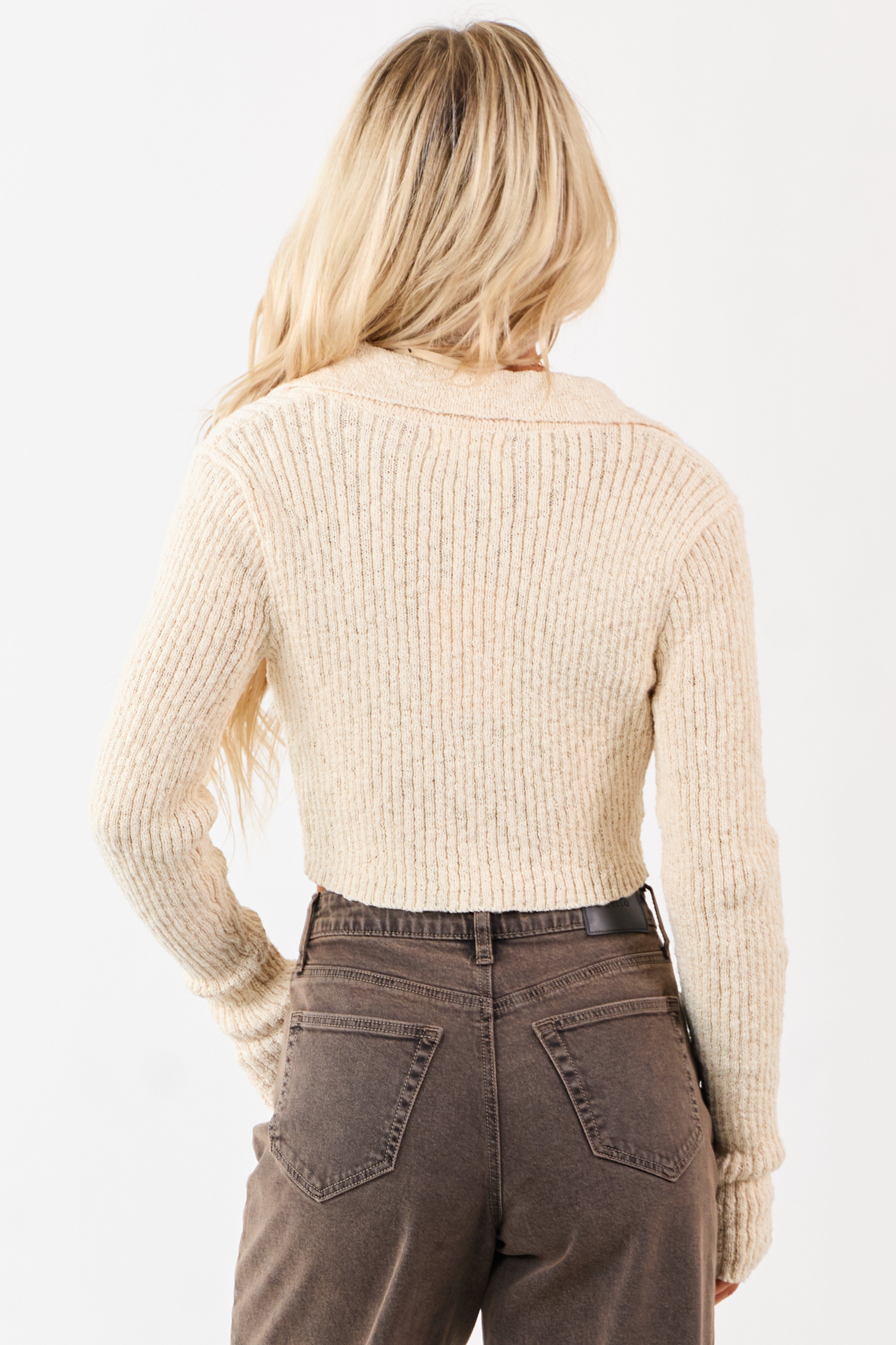 Cream Zip Up Collared Cropped Sweater Cardigan