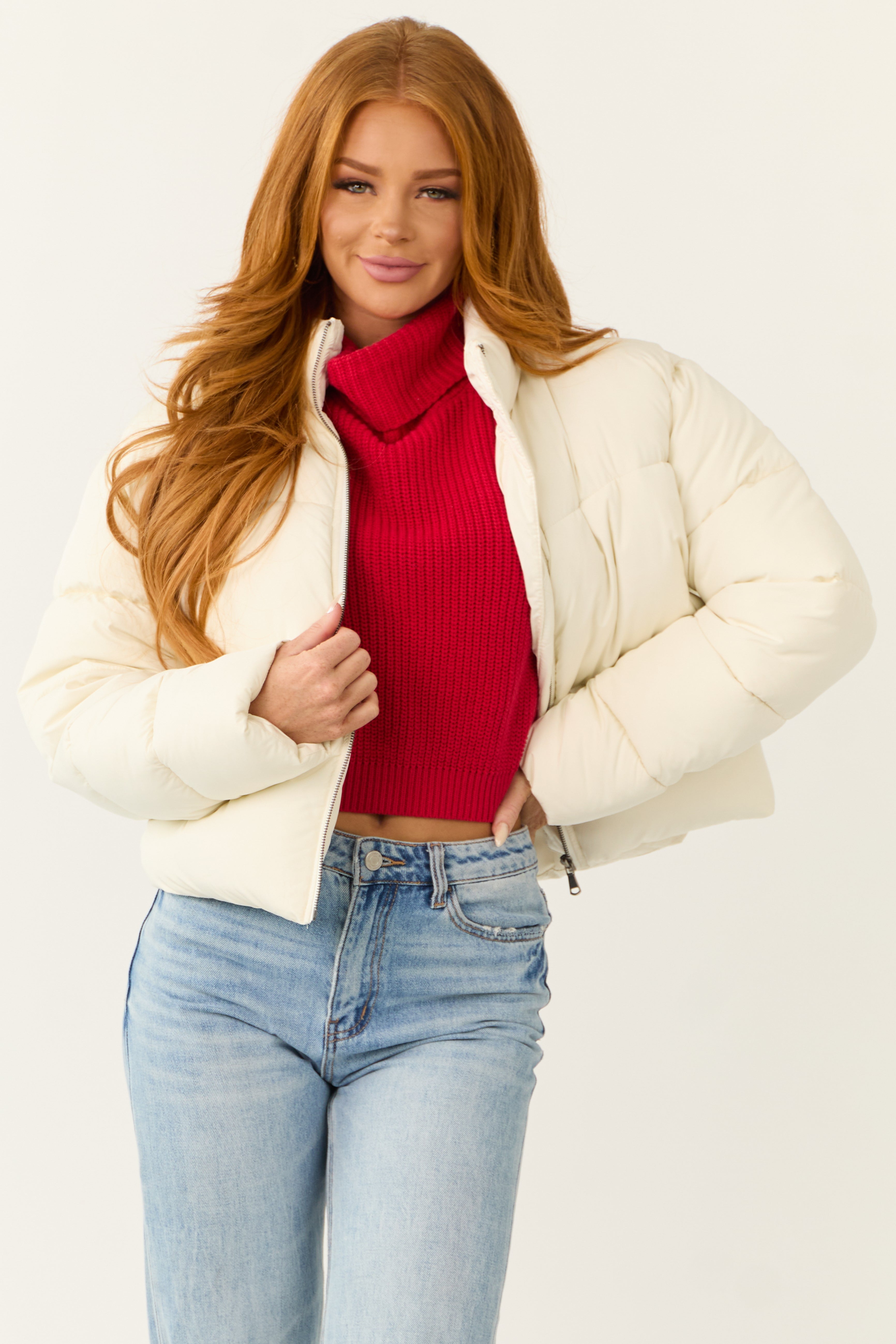 Cream Zip Up Collared Quilted Puffer Jacket | Lime Lush Boutique