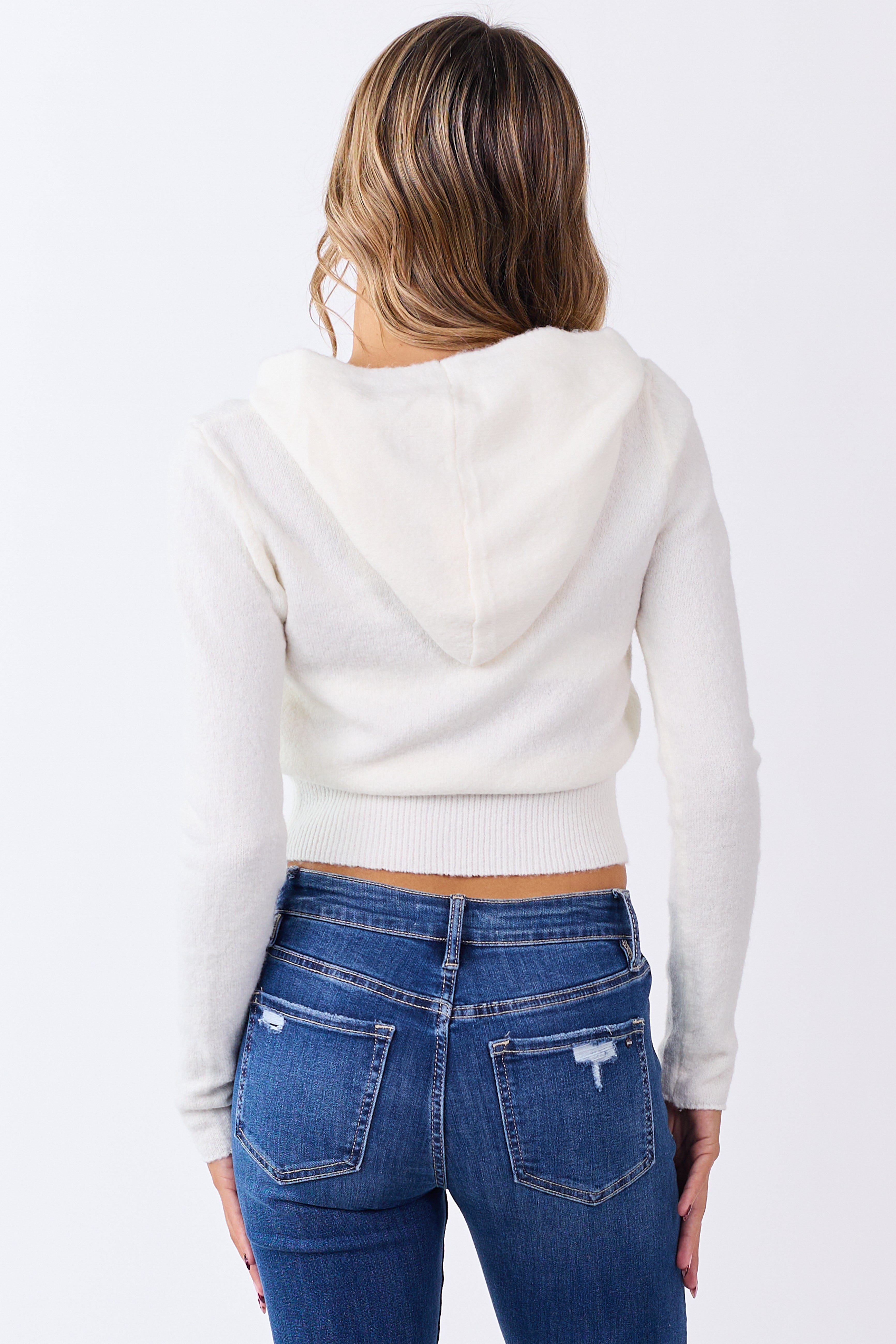 Cream Zip Up Hooded Cropped Knit Jacket