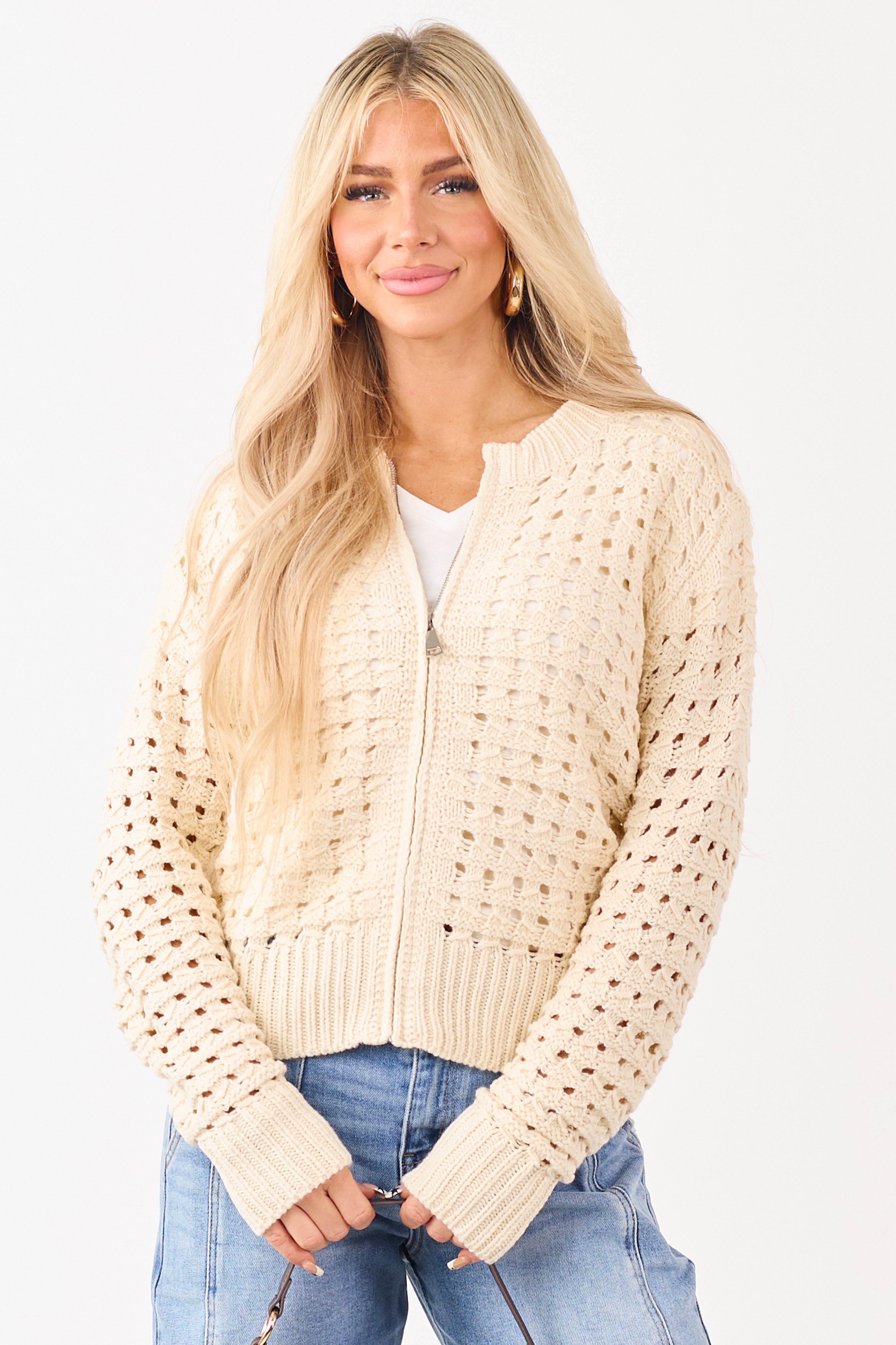 Cream Zip Up Open Knit Sweater Cardigan