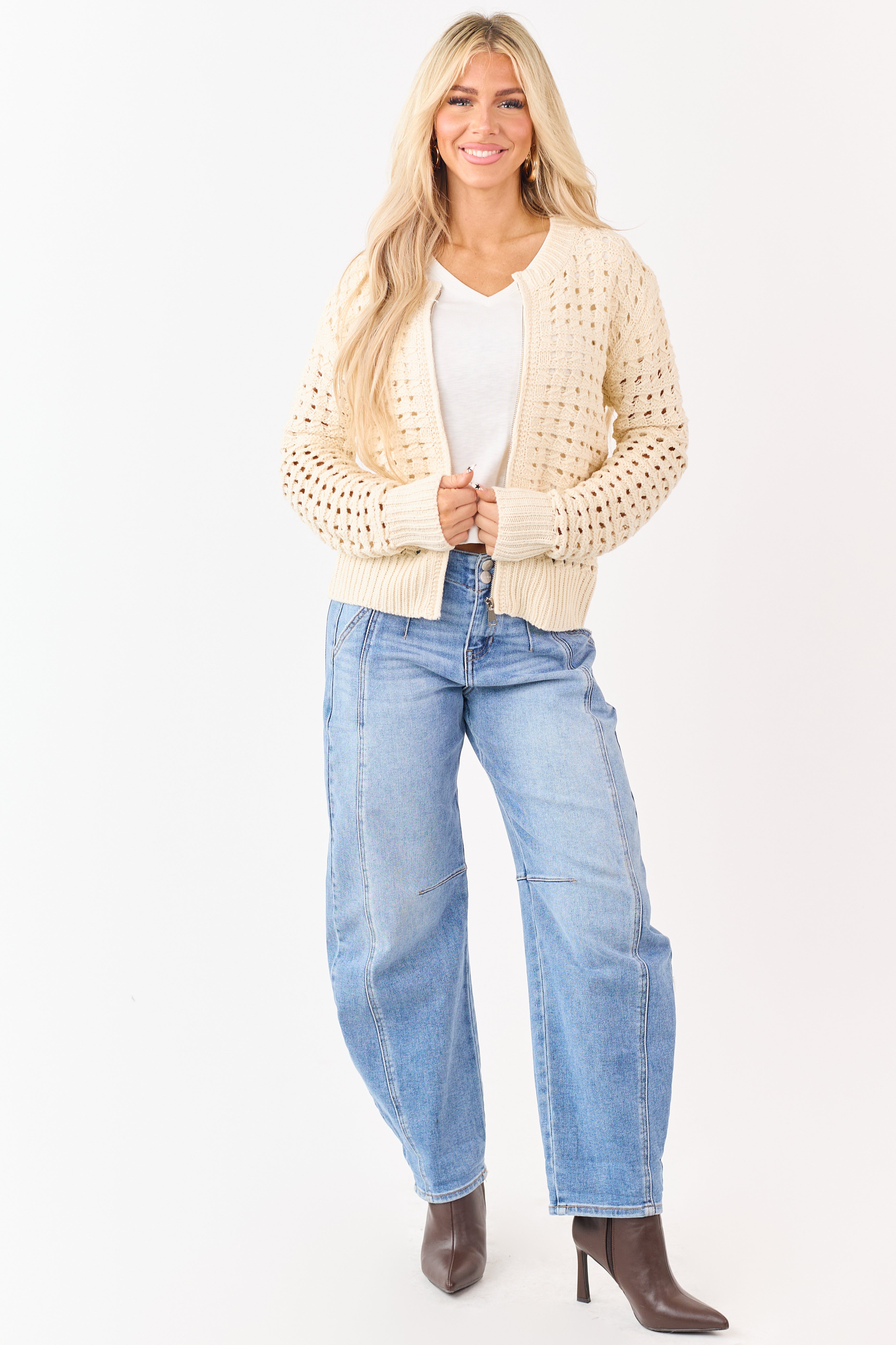 Cream Zip Up Open Knit Sweater Cardigan | Lime Lush Boutique