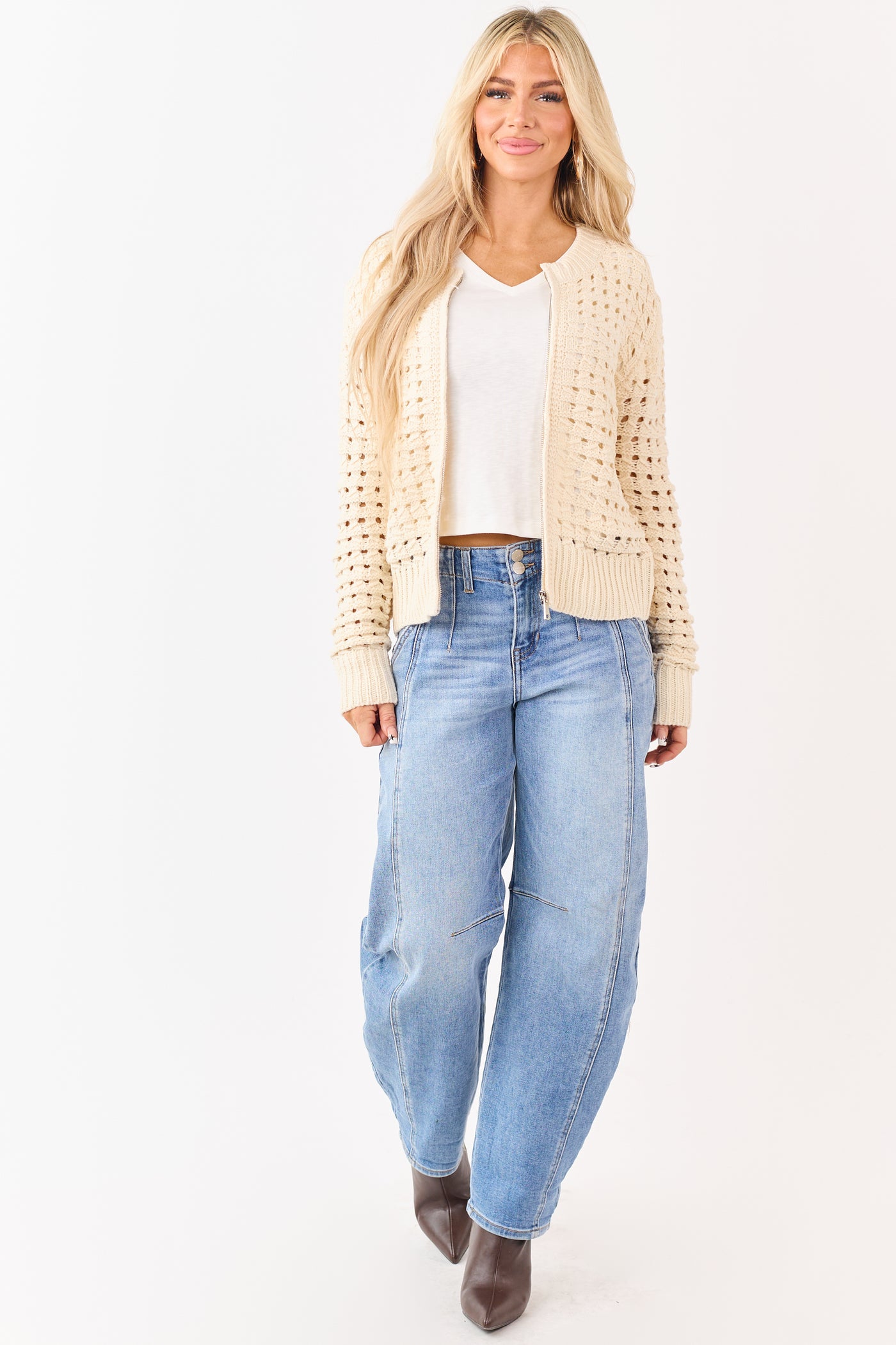 Cream Zip Up Open Knit Sweater Cardigan