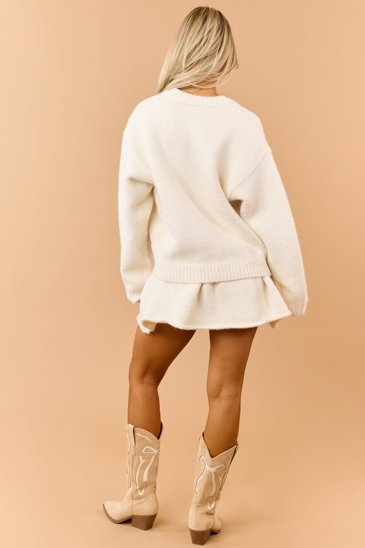 Cream Zip Up Sweater Jacket and Flare Skort Set