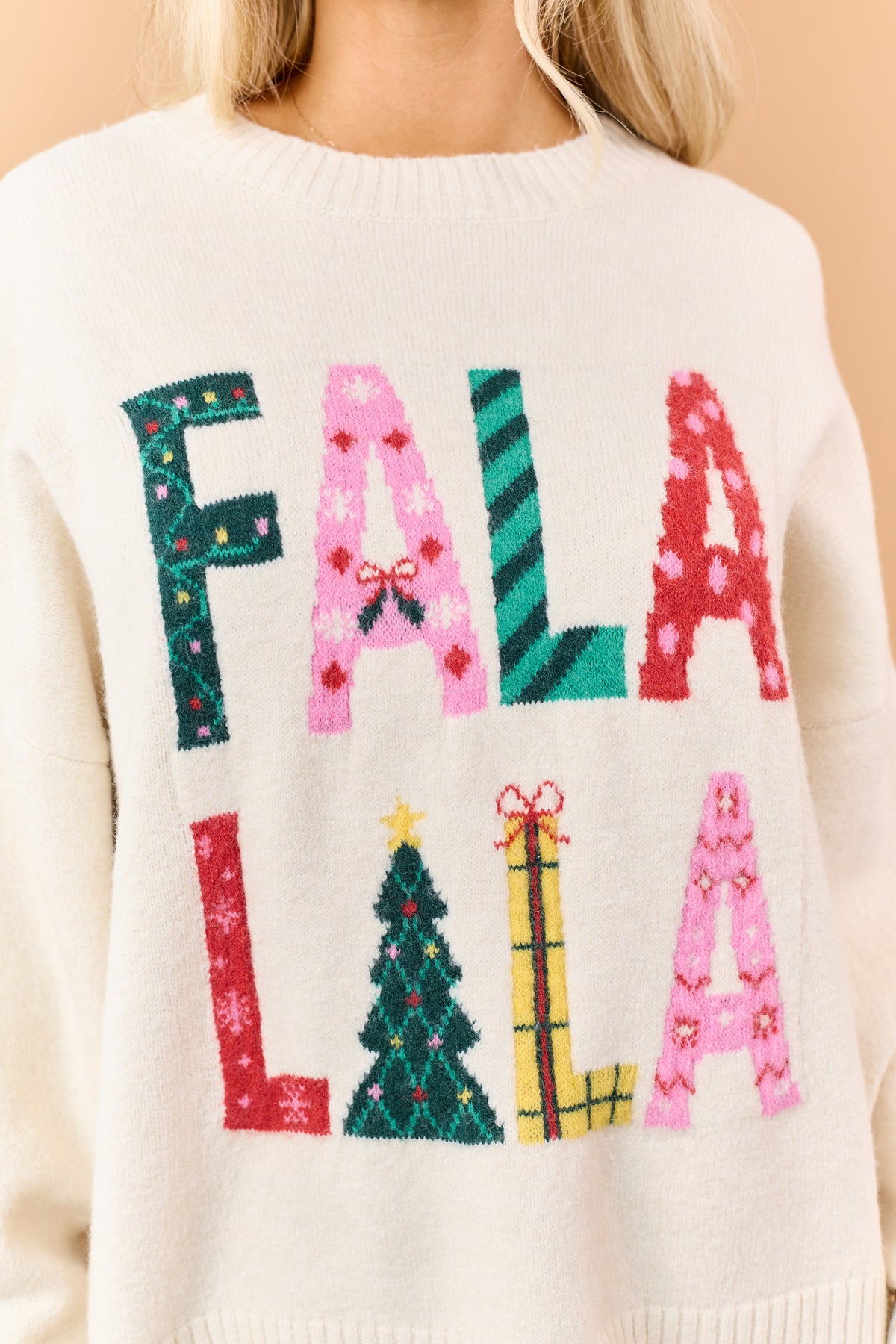 Cream 'FaLaLaLa' Letter Graphic Relaxed Sweater