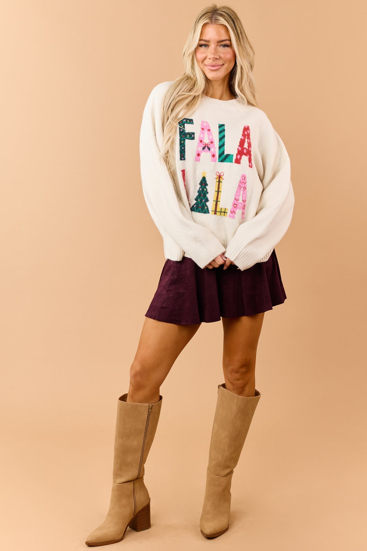 Cream 'FaLaLaLa' Letter Graphic Relaxed Sweater