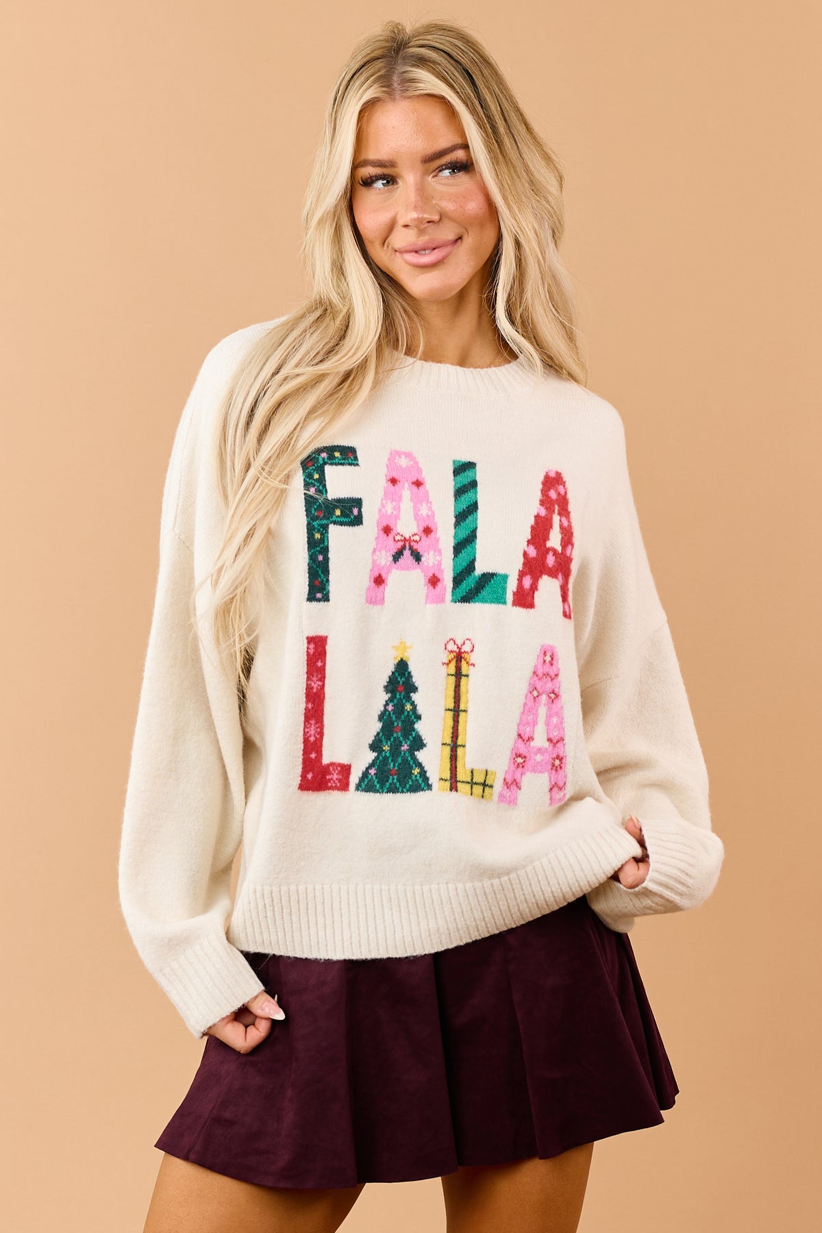 Cream 'FaLaLaLa' Letter Graphic Relaxed Sweater