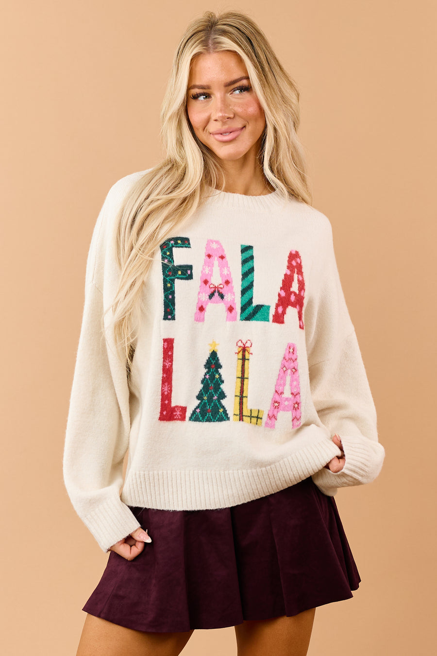 Cream 'FaLaLaLa' Letter Graphic Relaxed Sweater