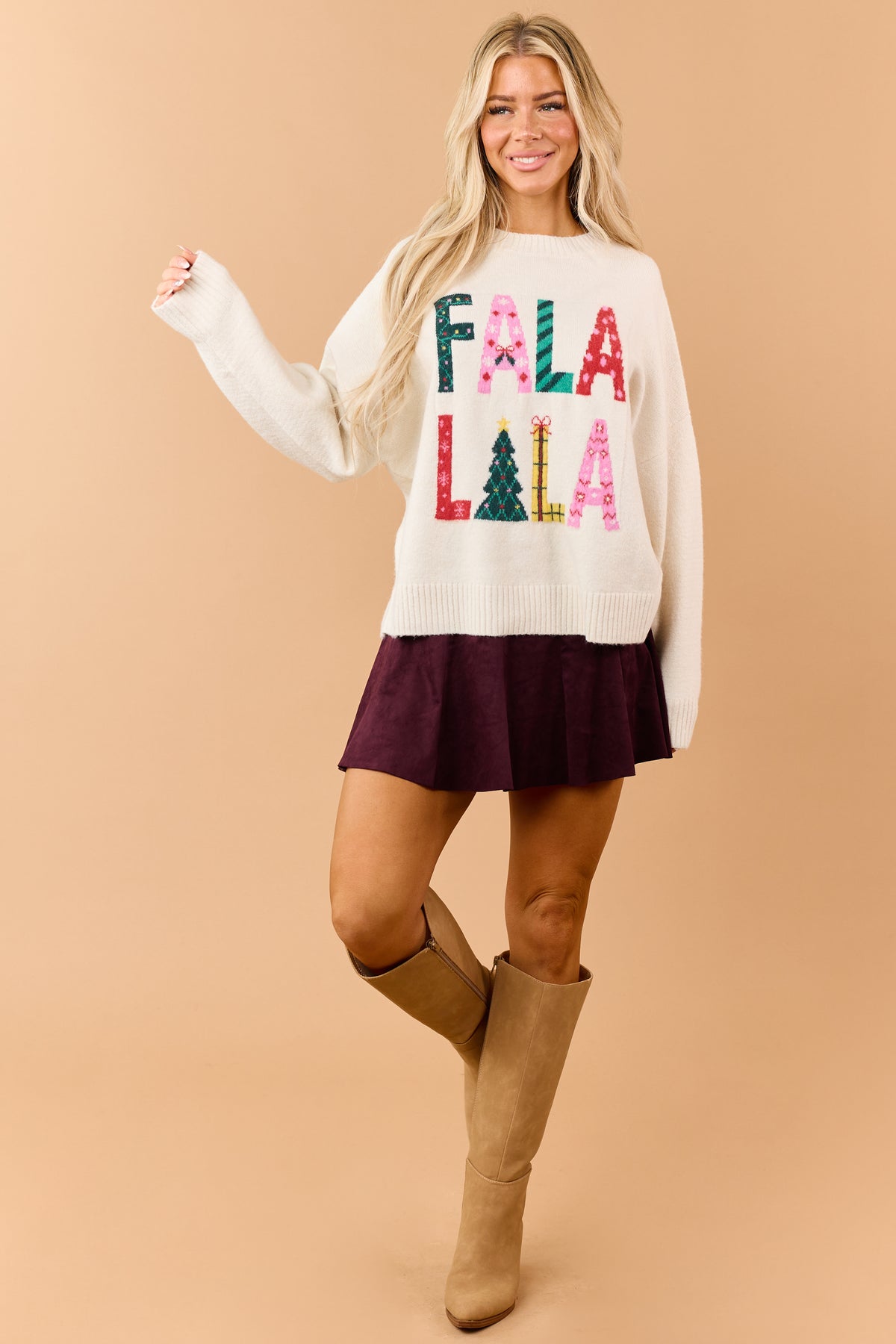 Cream 'FaLaLaLa' Letter Graphic Relaxed Sweater