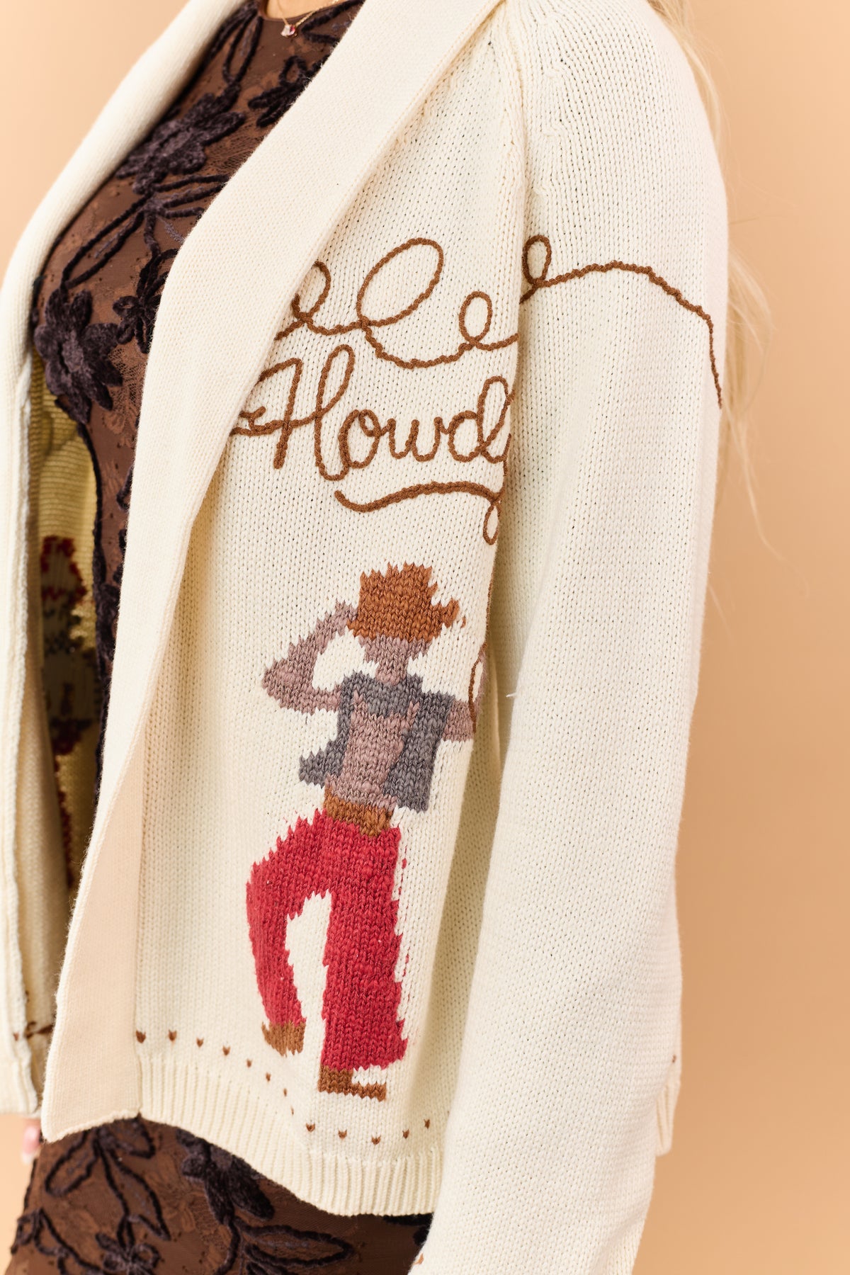 Cream 'Howdy' Cowboy Motif Sweater Cardigan