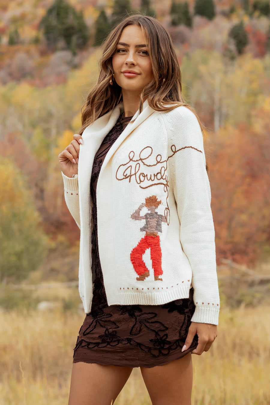 Cream 'Howdy' Cowboy Motif Sweater Cardigan