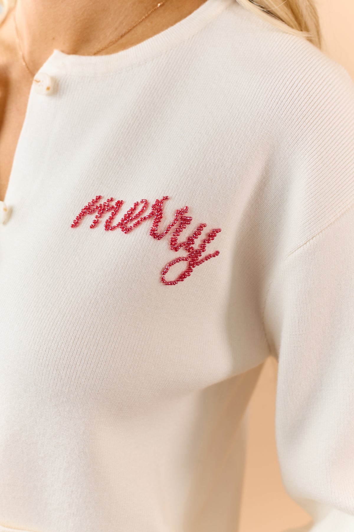 Cream 'Merry' Beaded Button Down Soft Cardigan