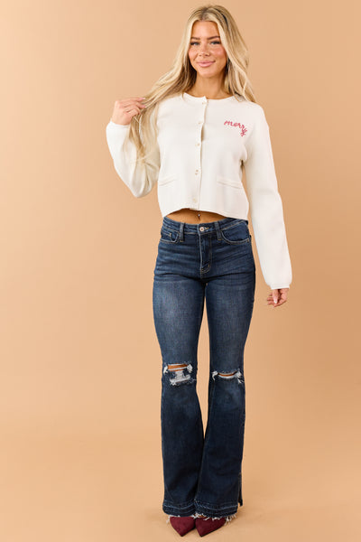 Cream 'Merry' Beaded Button Down Soft Cardigan