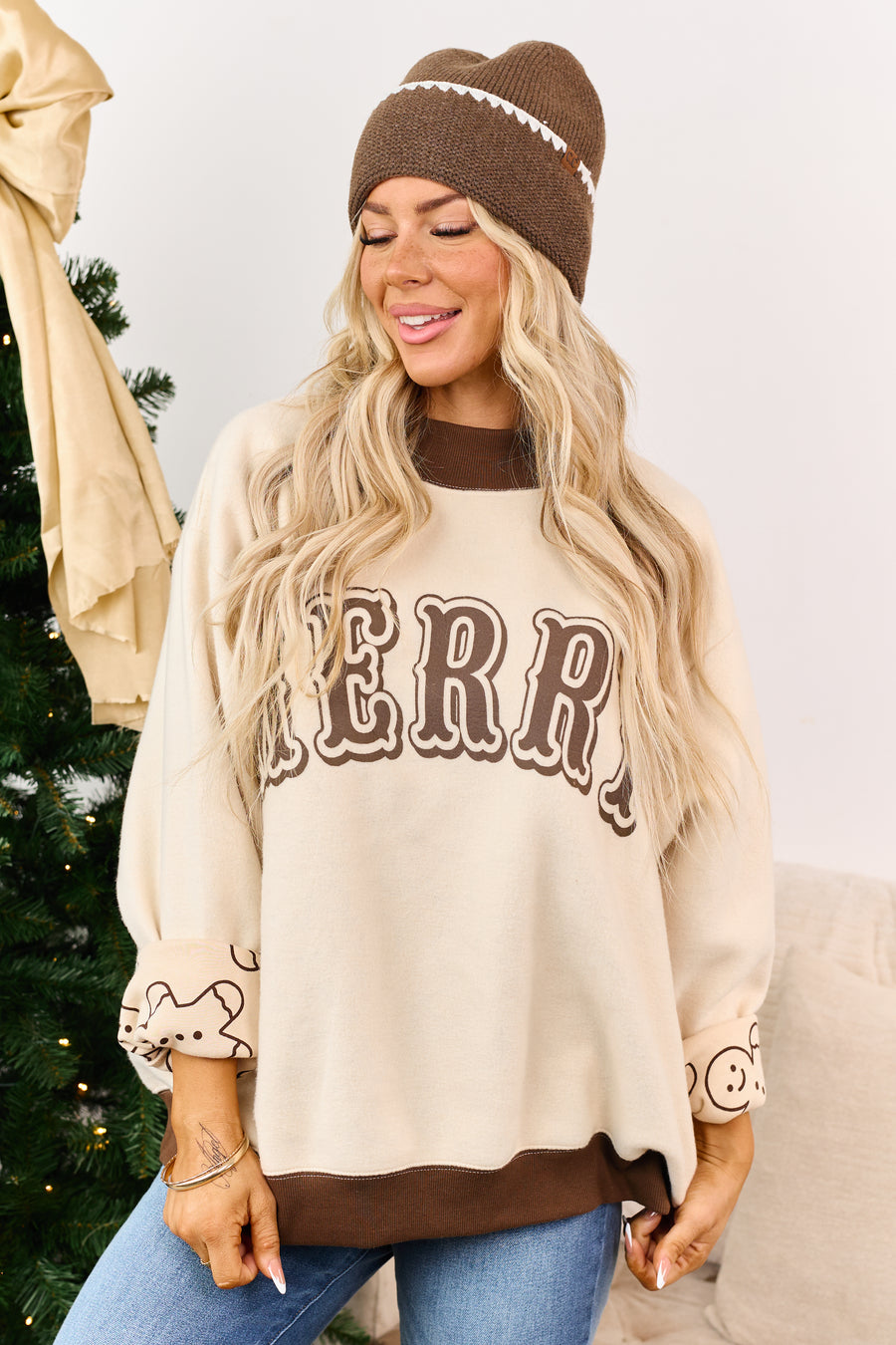 Cream 'Merry' Reversible Gingerbread Fleece Sweatshirt