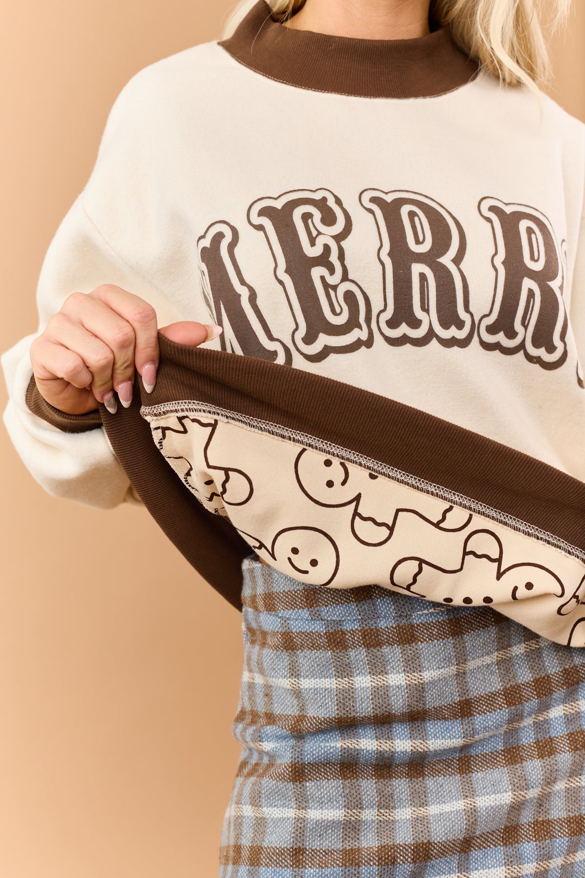 Cream 'Merry' Reversible Gingerbread Fleece Sweatshirt