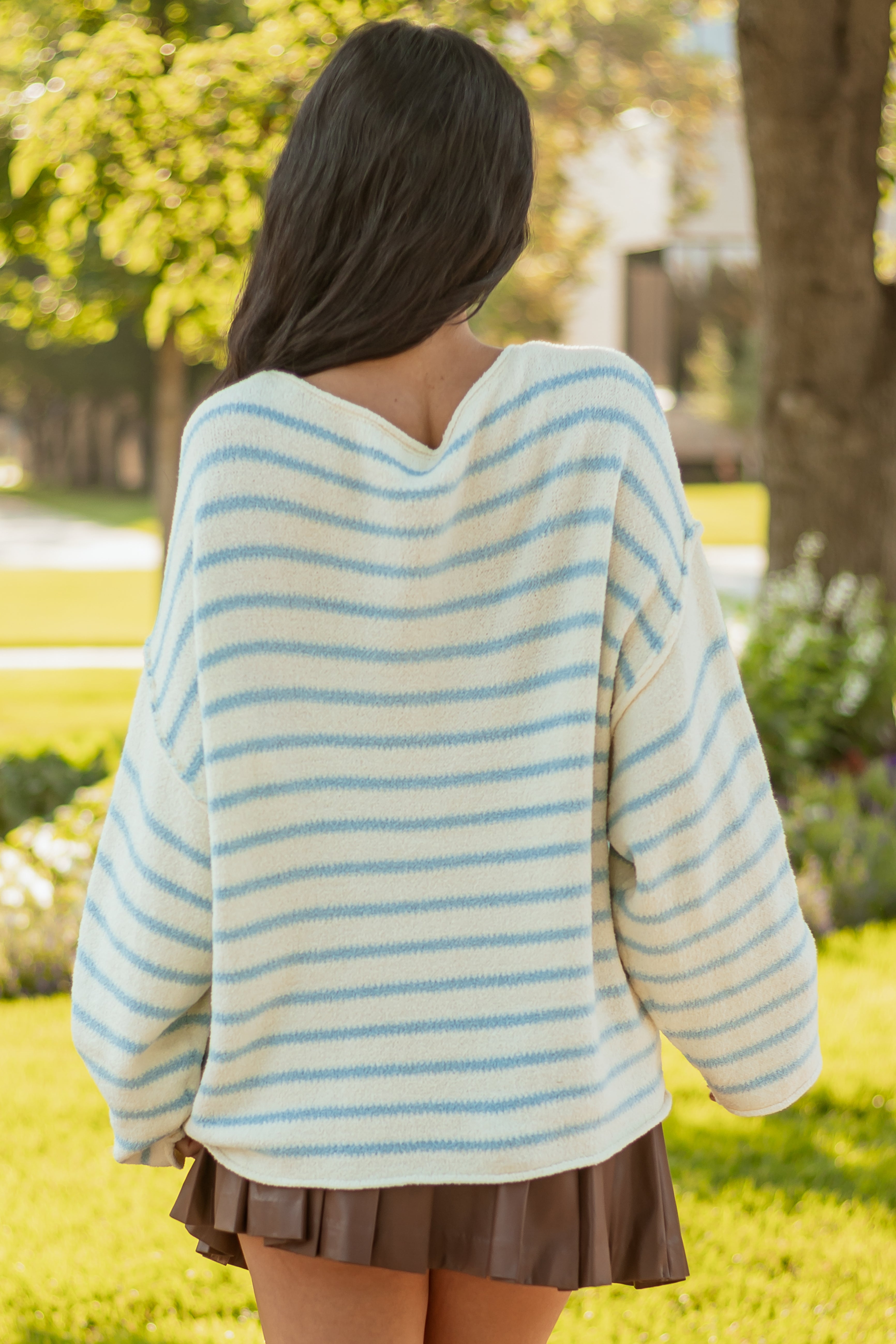 Cream and Baby Blue Striped Relaxed Sweater