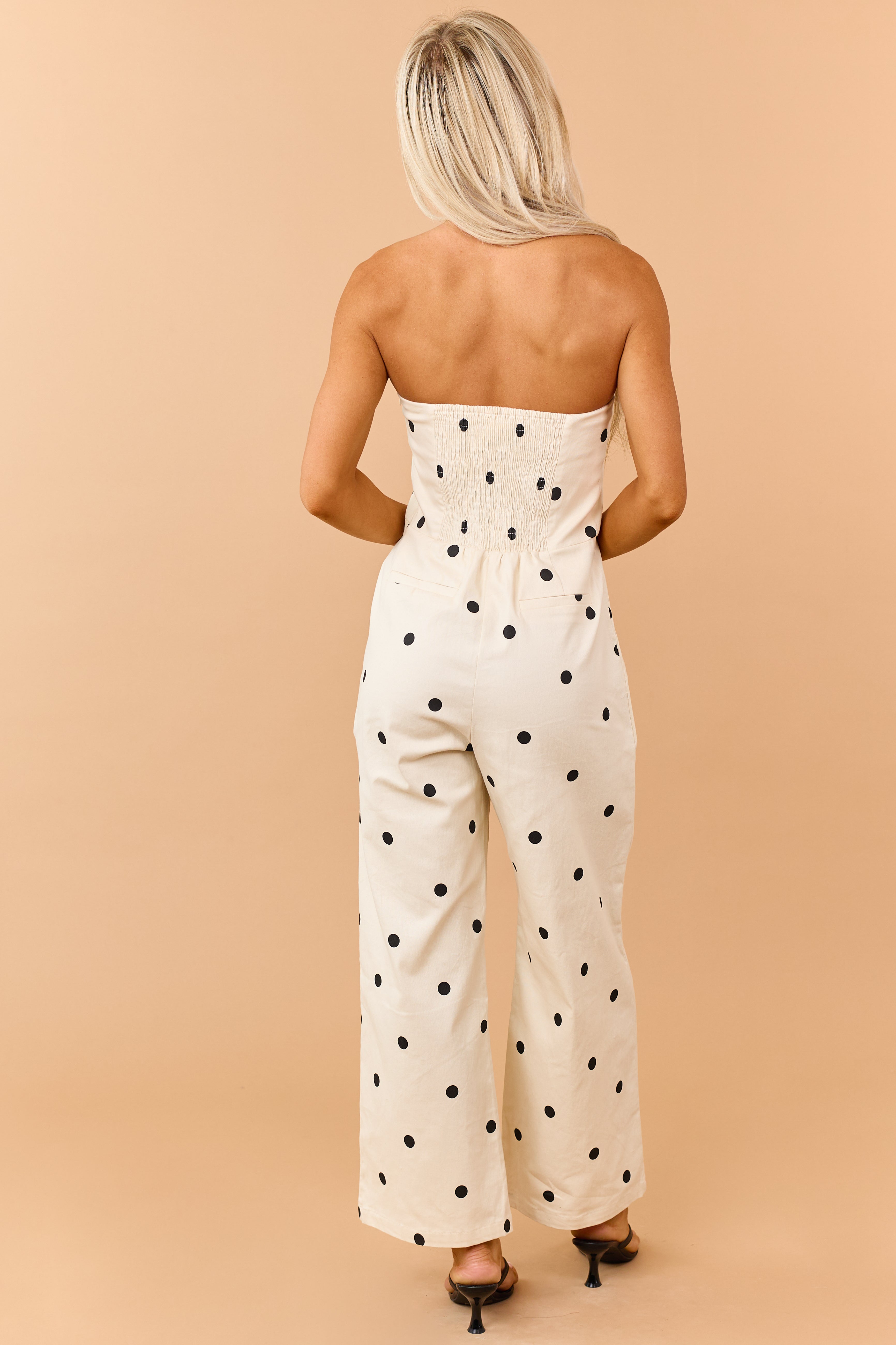 Cream and Black Polka Dot Denim Strapless Jumpsuit