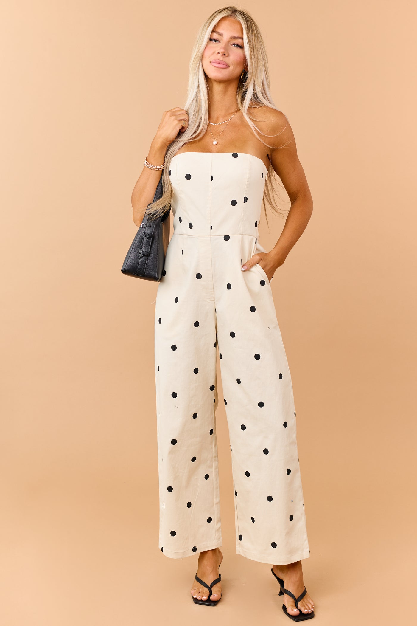 Cream and Black Polka Dot Denim Strapless Jumpsuit