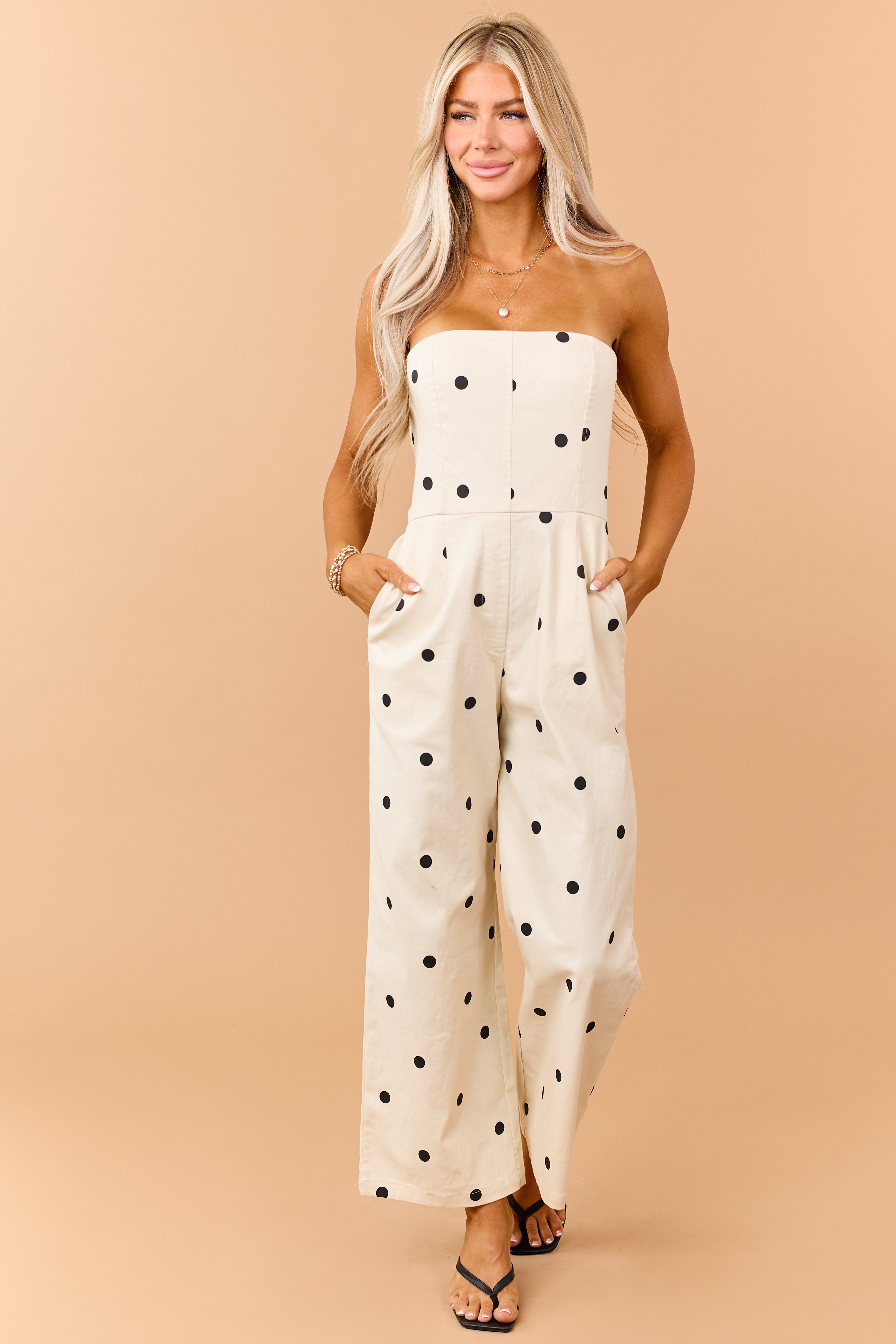Cream and Black Polka Dot Denim Strapless Jumpsuit