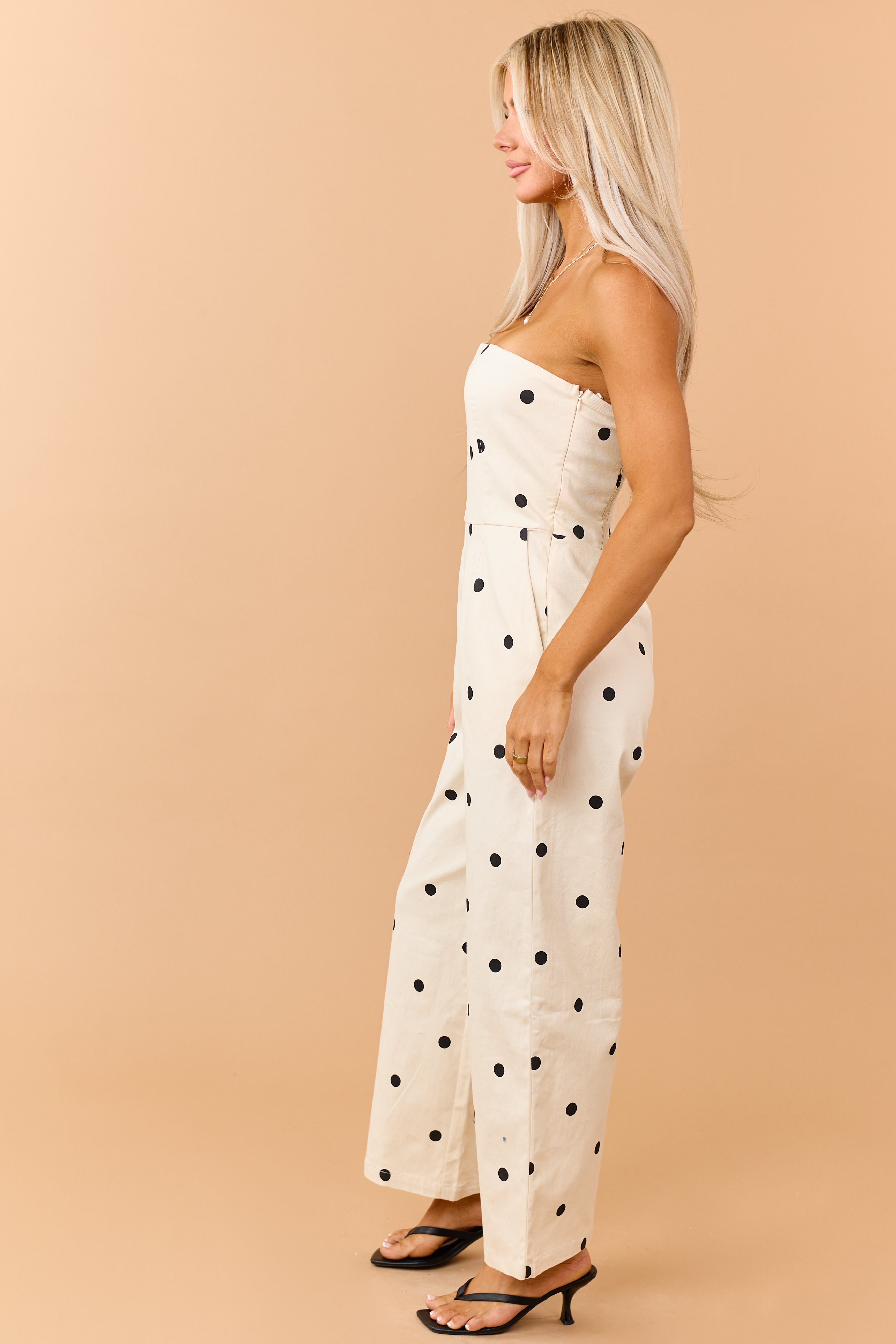 Cream and Black Polka Dot Denim Strapless Jumpsuit