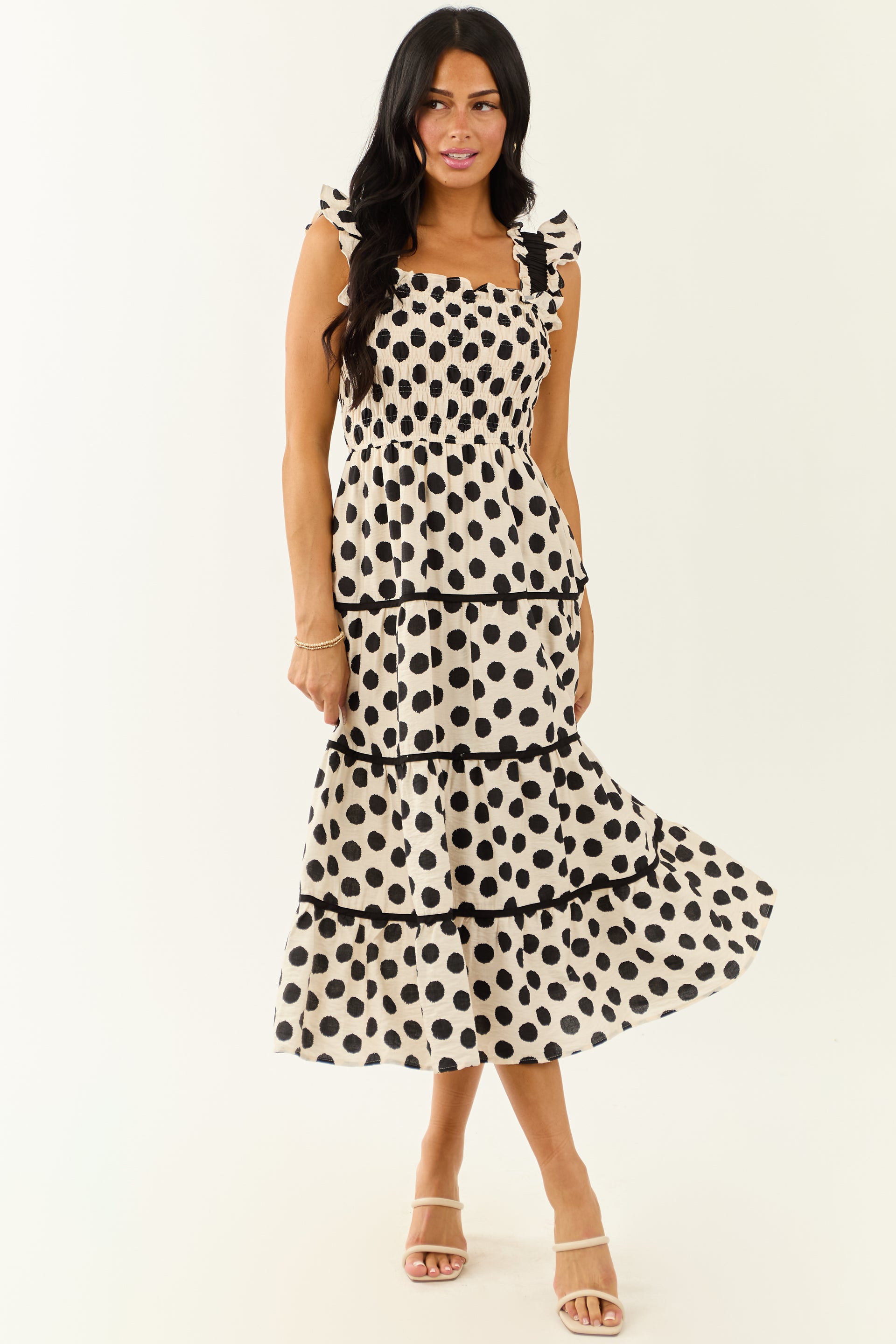 midi dress polka dot Cream and Black Polka Dot Sleeveless Midi Dress