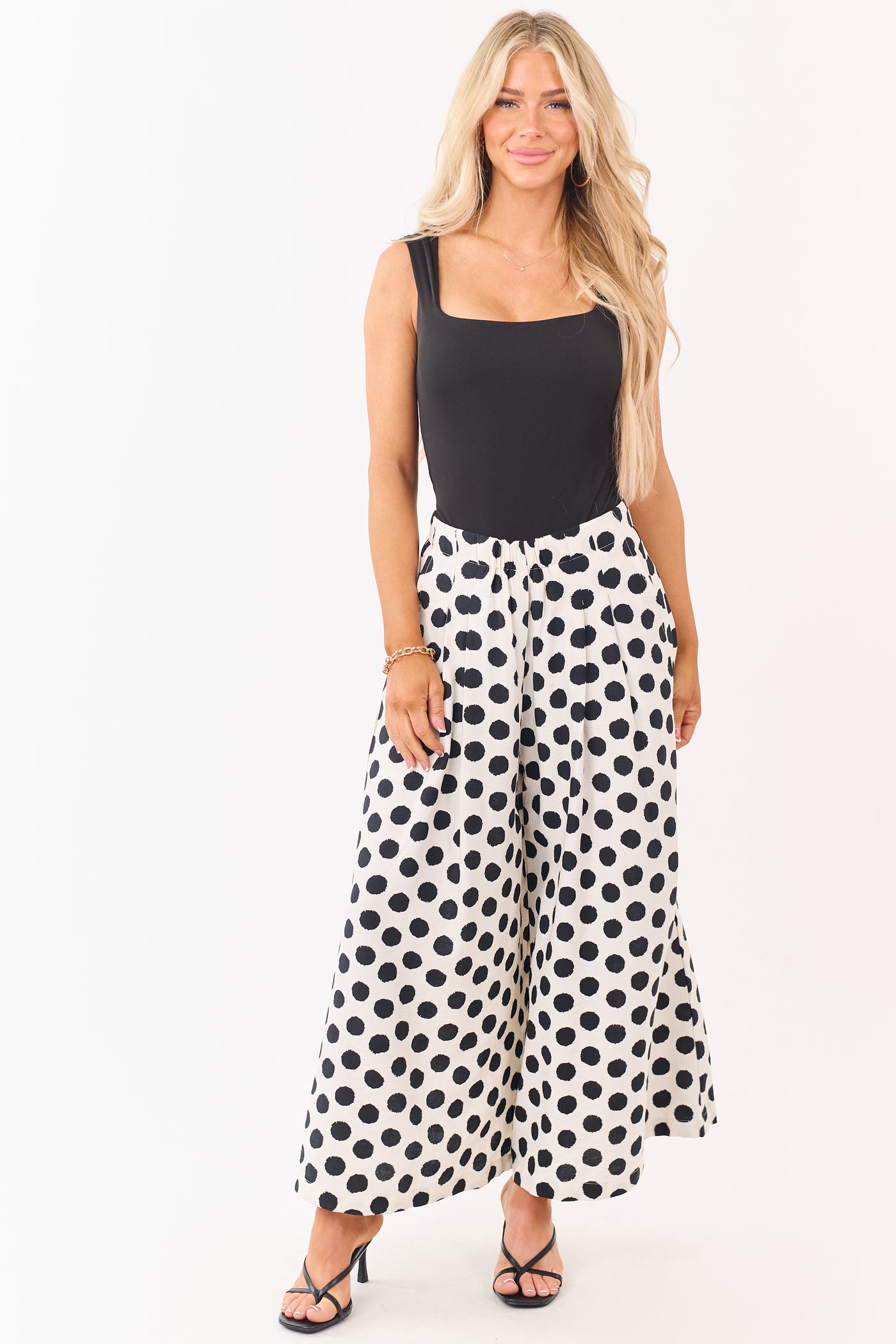 Cream and Black Polka Dot Wide Leg Pants