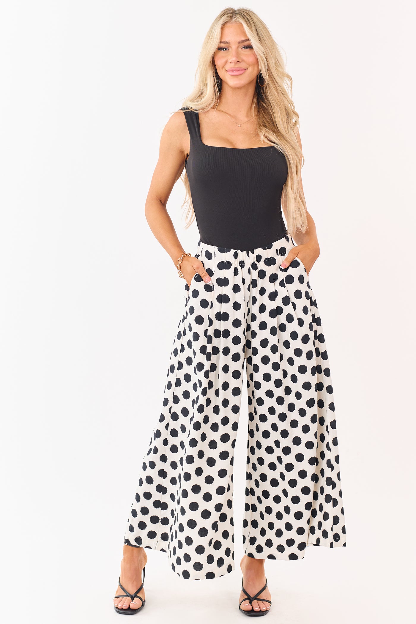 Cream and Black Polka Dot Wide Leg Pants