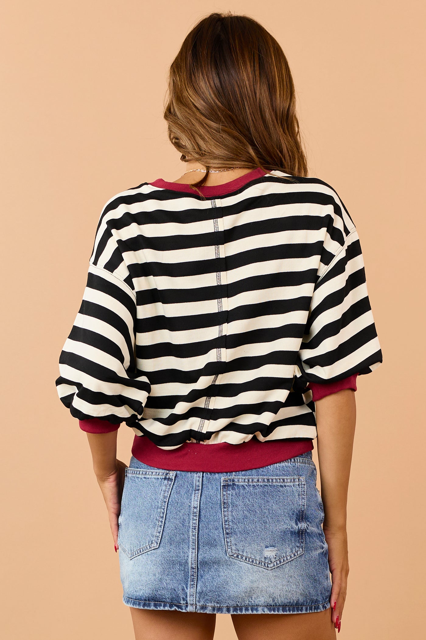 Cream and Black Striped Bubble Sleeve Sweatshirt