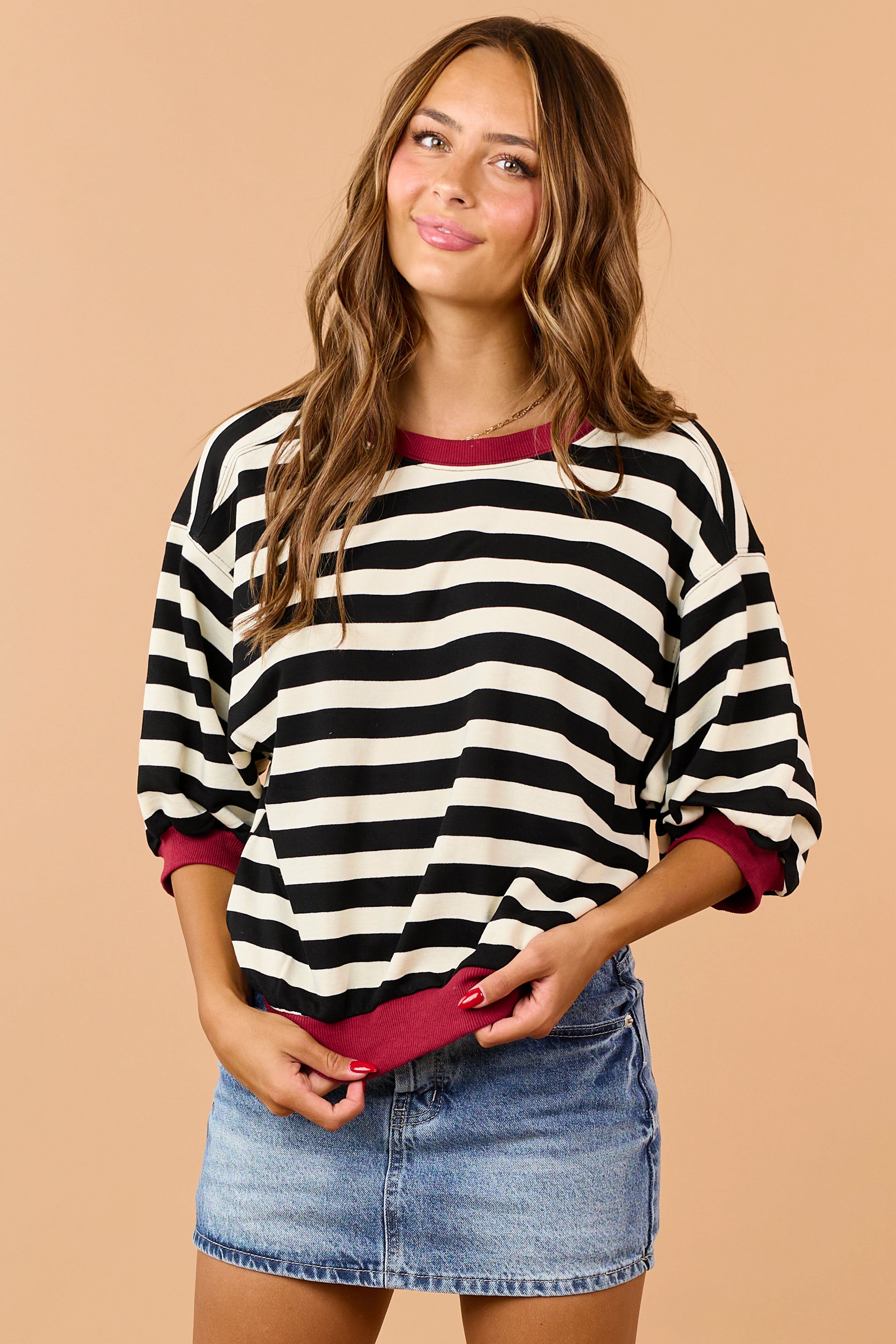Cream and Black Striped Bubble Sleeve Sweatshirt
