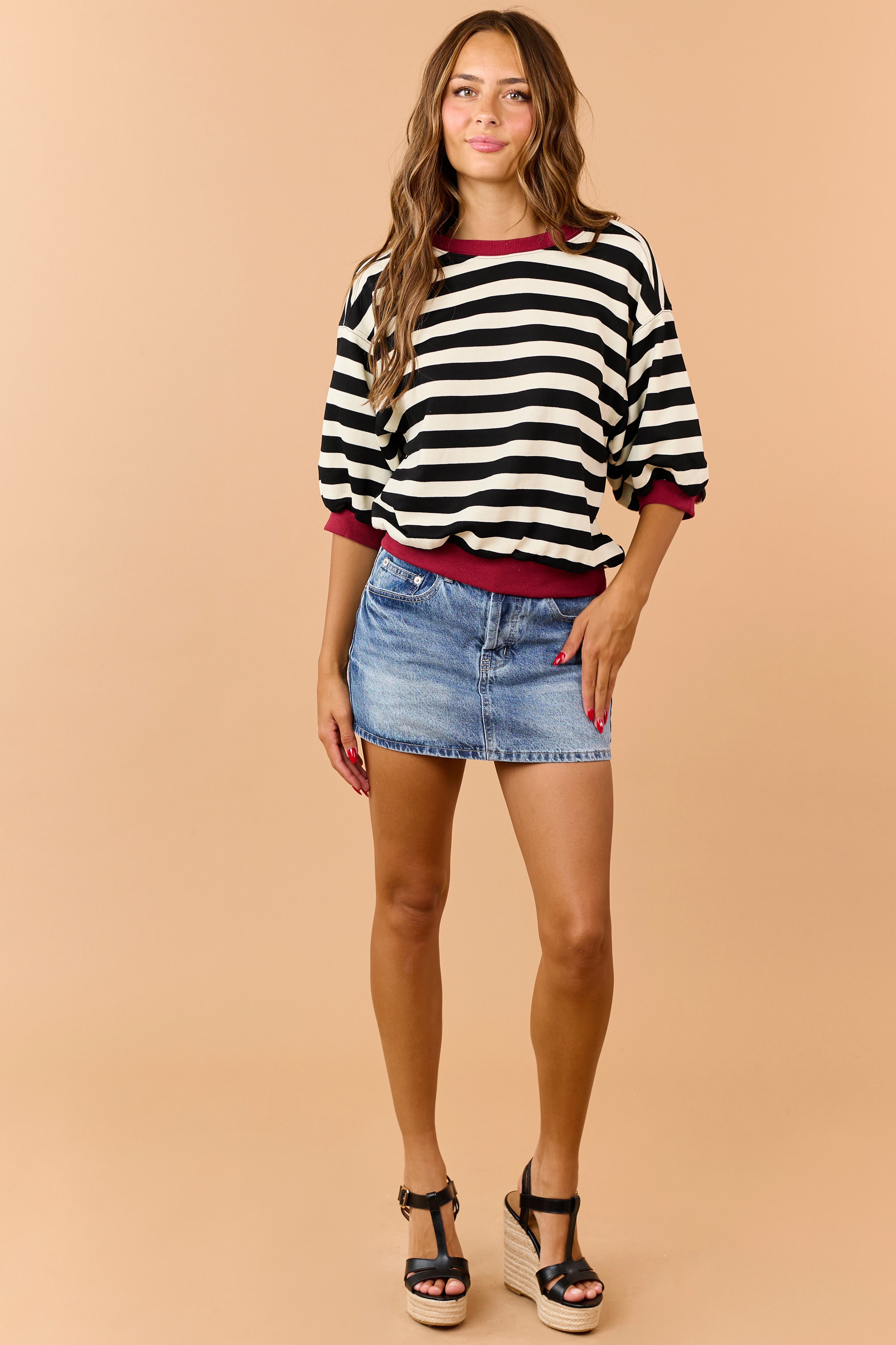 Cream and Black Striped Bubble Sleeve Sweatshirt