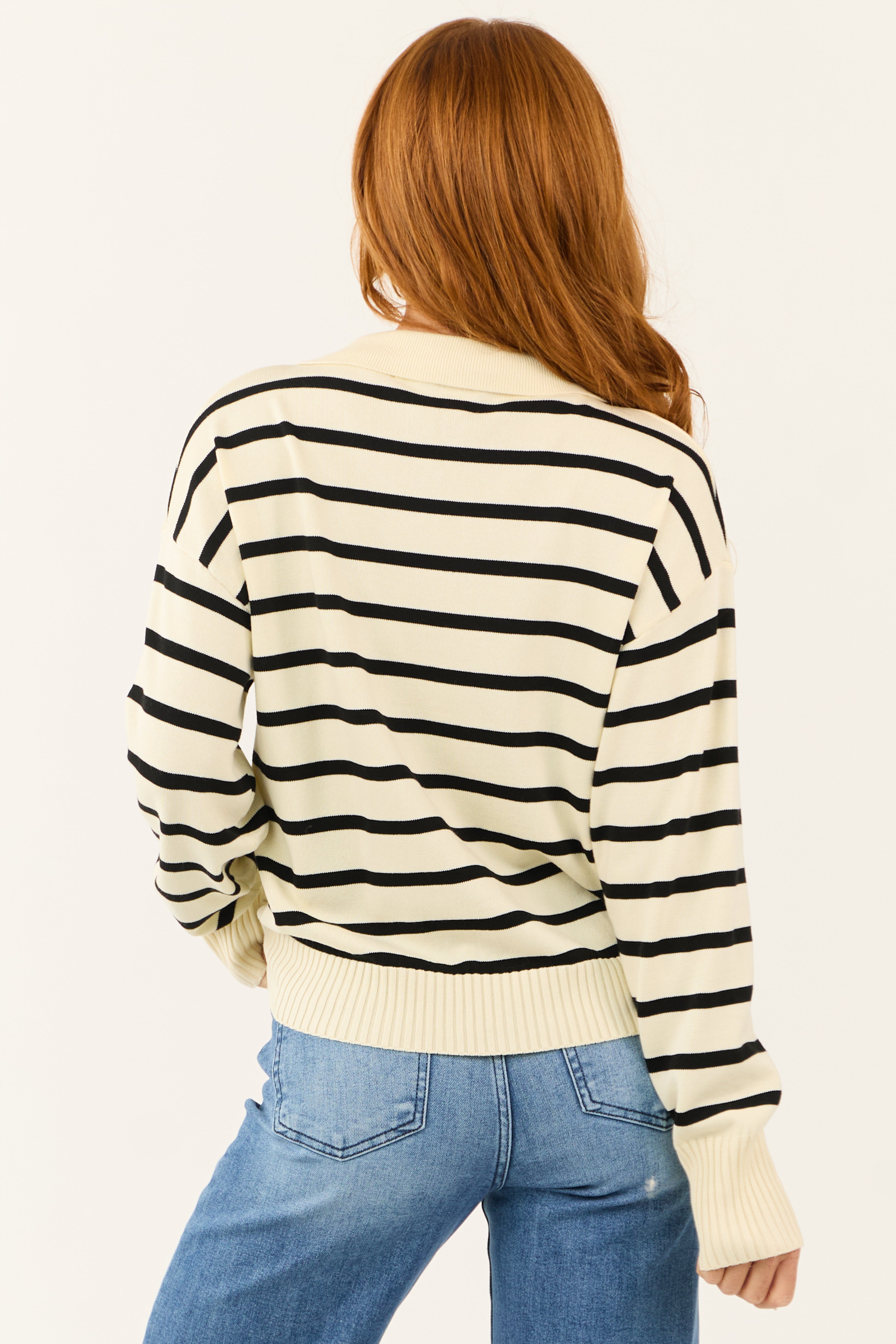 Cream and Black Striped Collared V Neck Sweater | Lime Lush Boutique