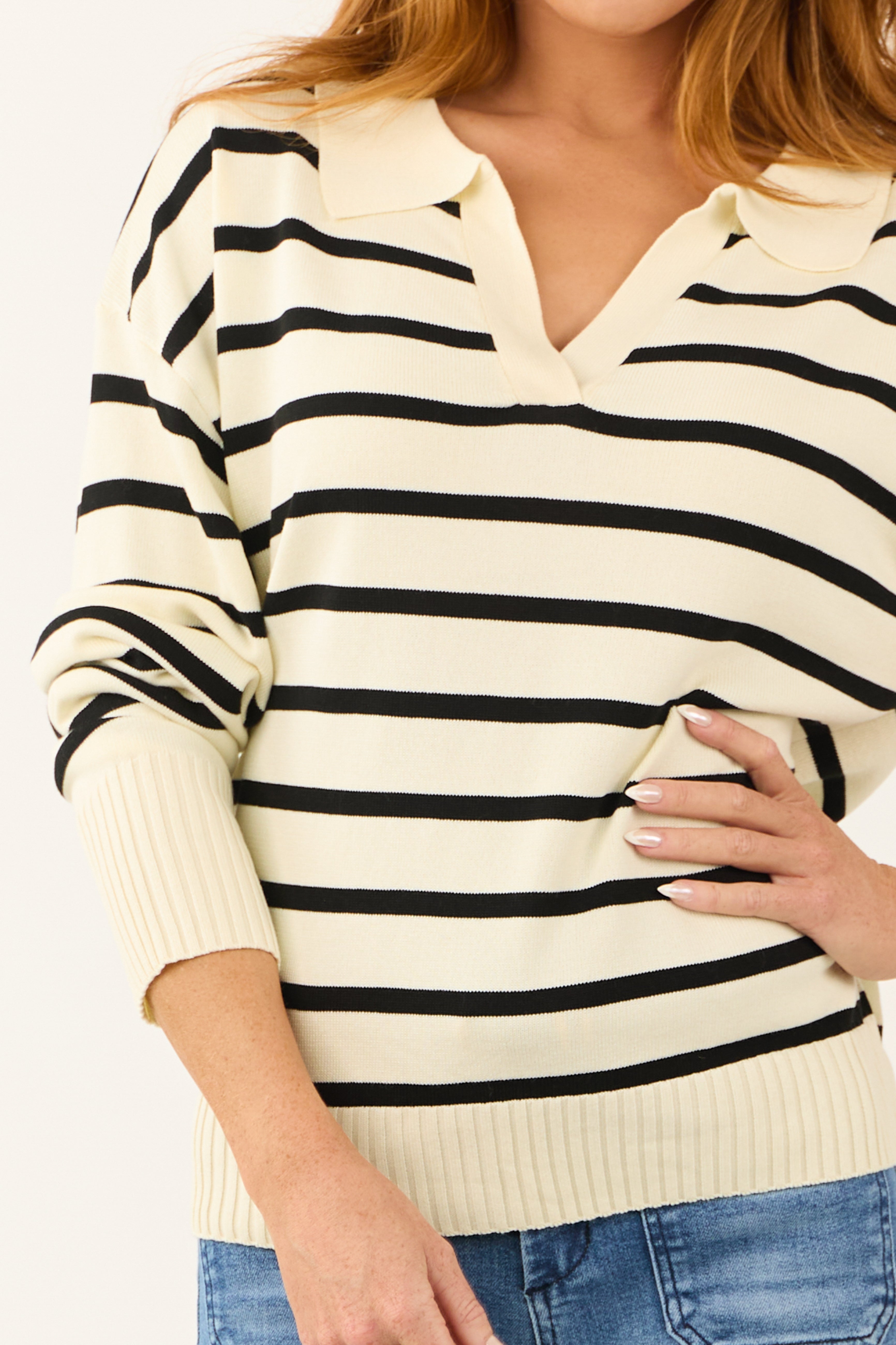 Cream and Black Striped Collared V Neck Sweater | Lime Lush Boutique